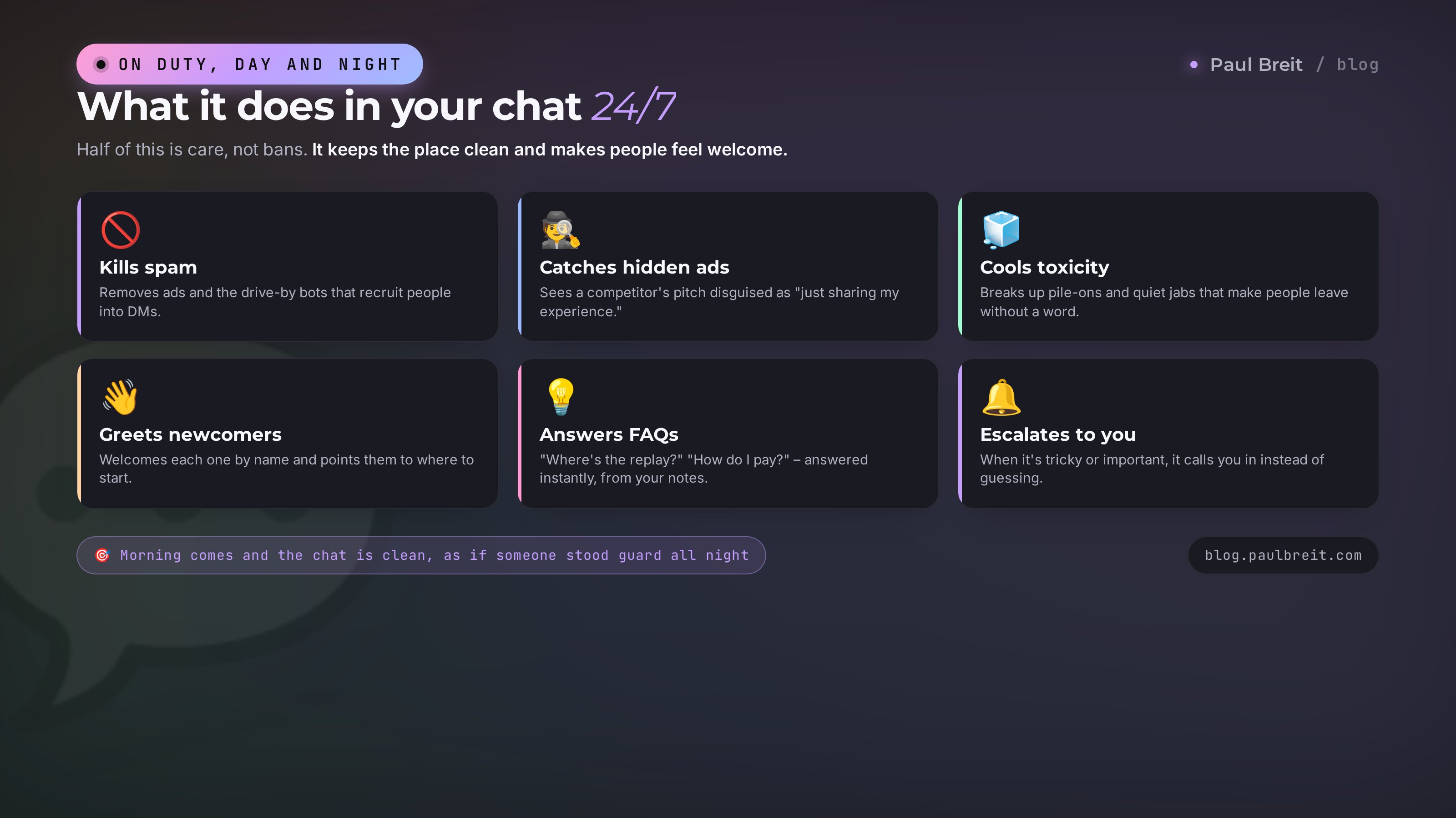 What an AI moderator does in your chat 24/7: kills spam, catches hidden ads, cools toxicity, greets newcomers, answers FAQs, escalates to you