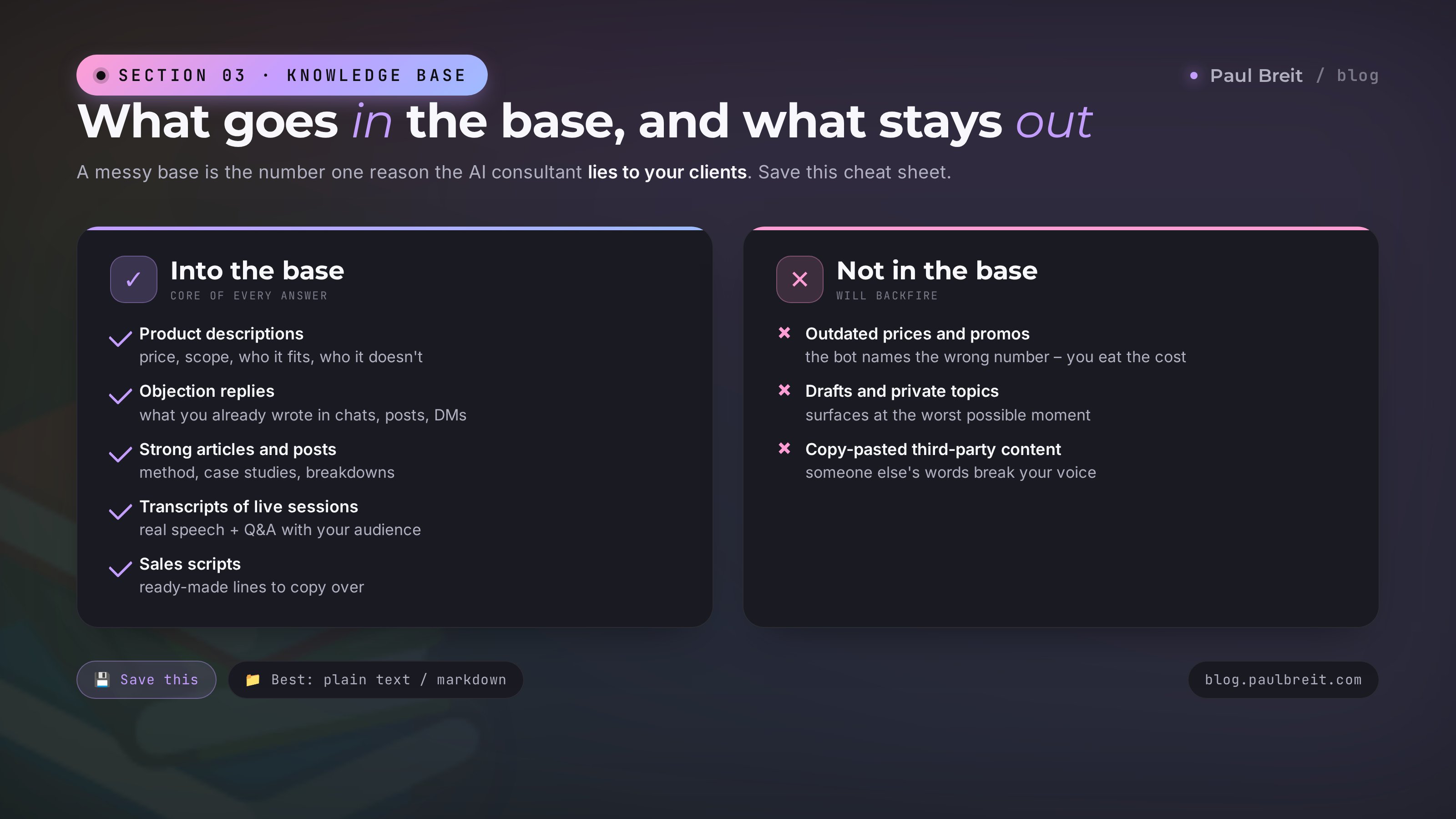 What goes in the AI knowledge base and what stays out