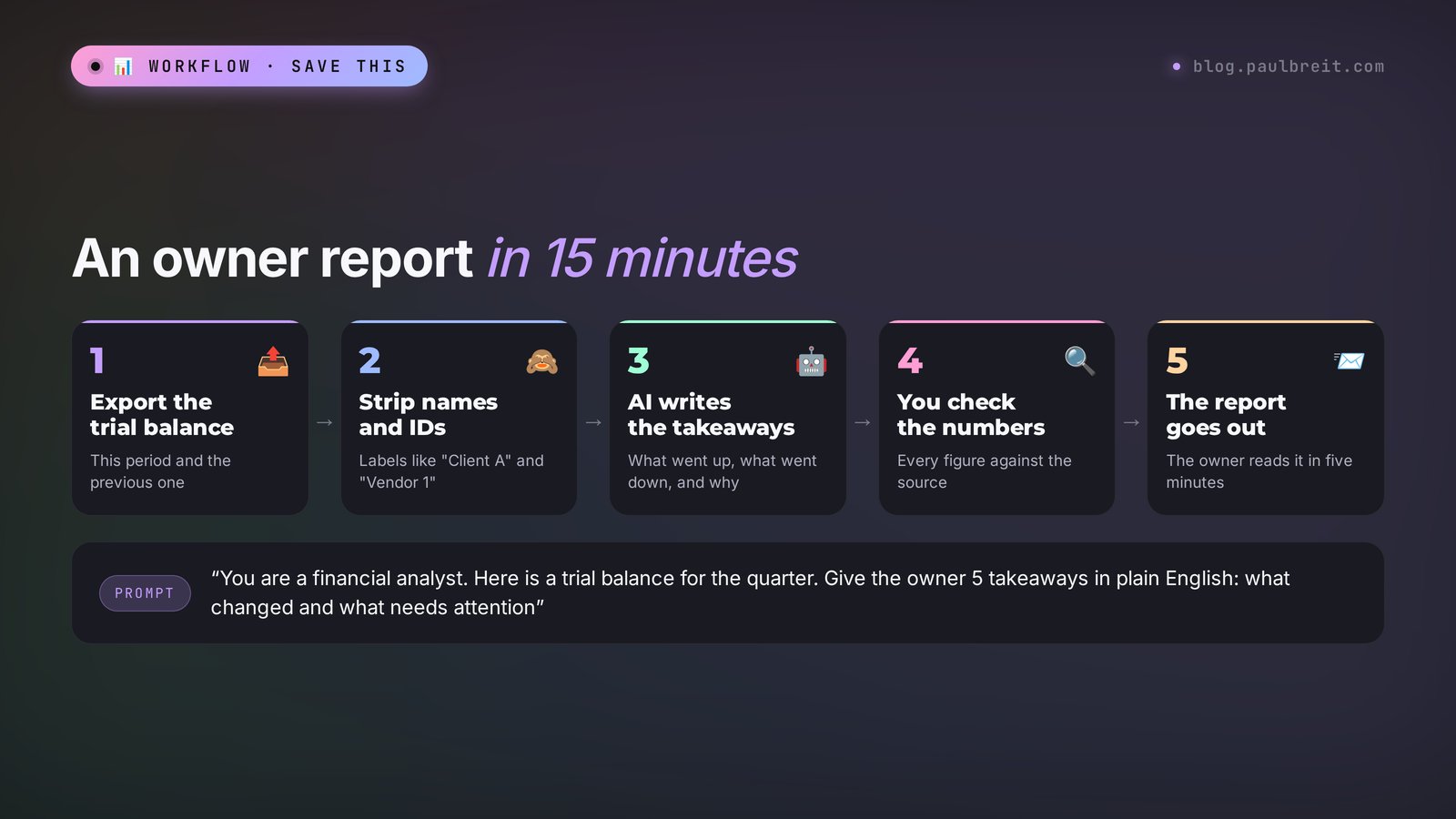 An owner report in 15 minutes: export the trial balance, strip names, AI takeaways, check the numbers