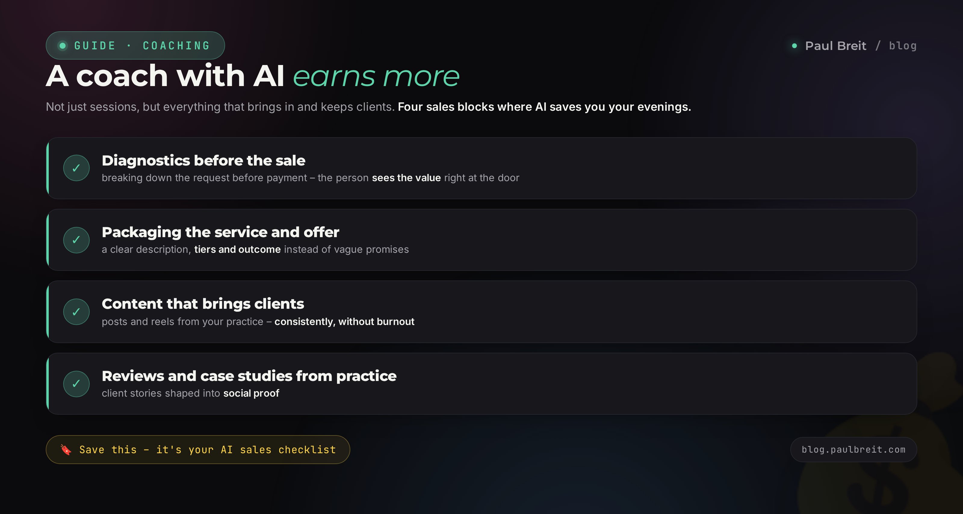 A coach with AI earns more: diagnostics, service packaging, reviews and content from practice