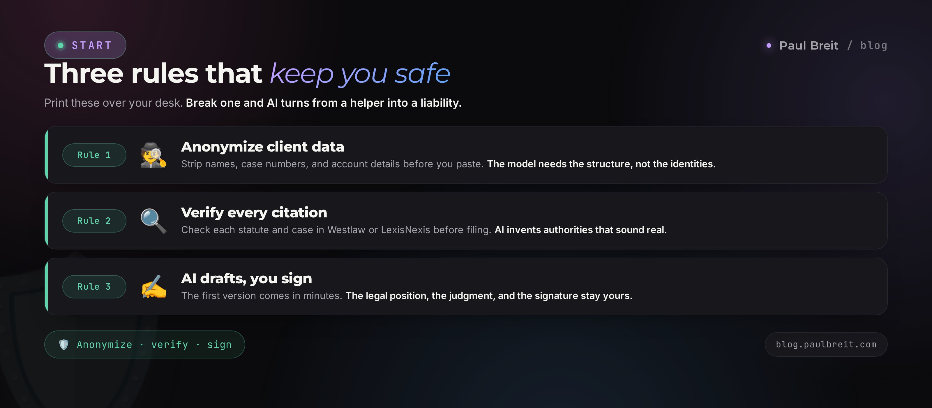 Three safety rules for lawyers: anonymize, verify the law, the sign-off stays yours