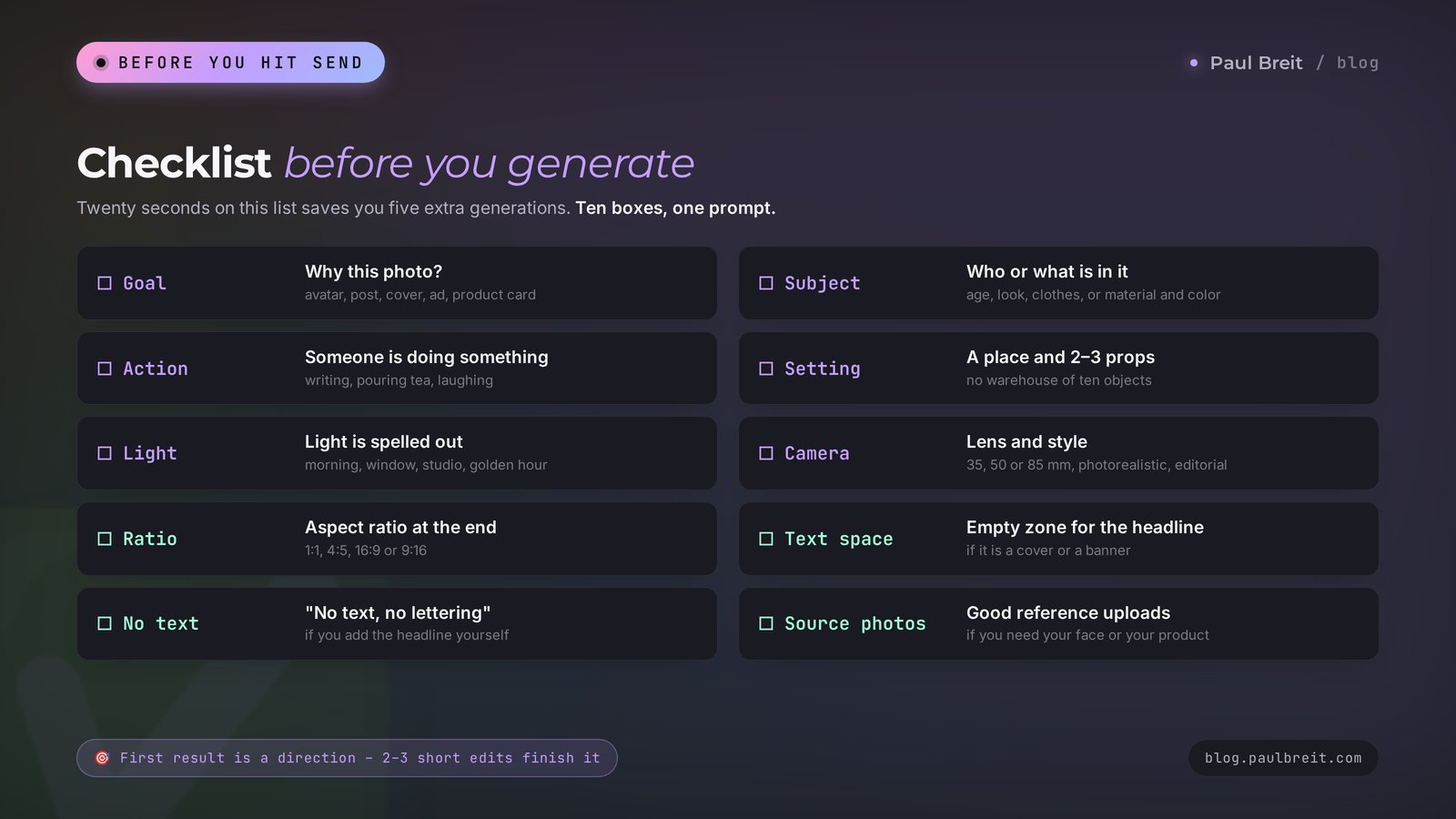 Checklist before generating a photo with AI: aspect ratio, light, room for text, source photos, no lettering
