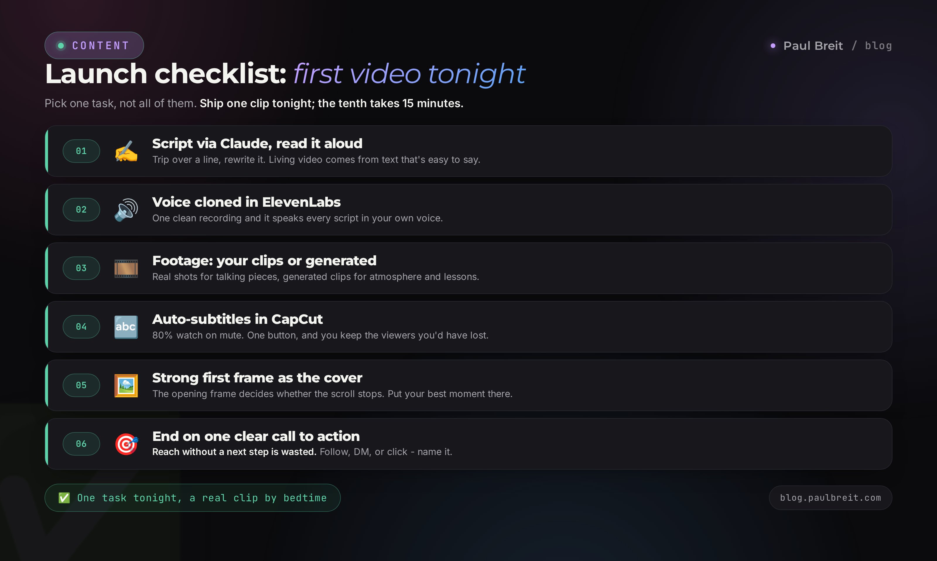 Launch checklist for AI video: script, voice, footage, subtitles, cover