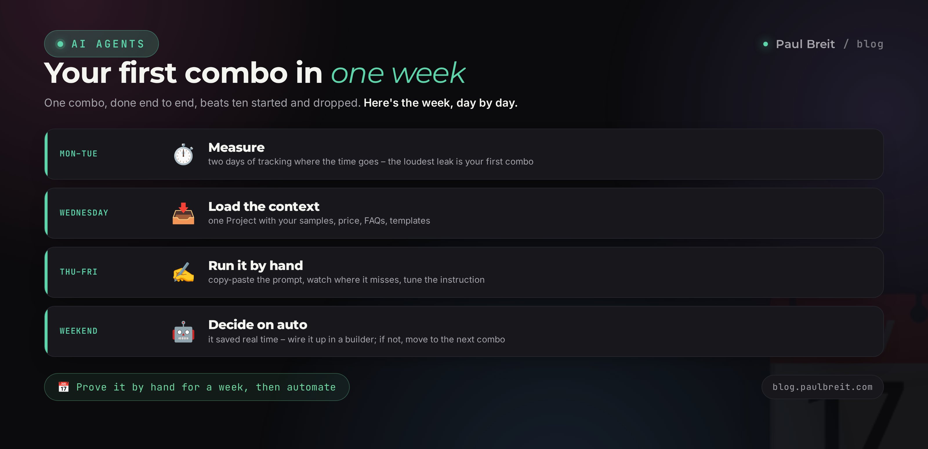 A day-by-day plan for rolling out your first combo in week one
