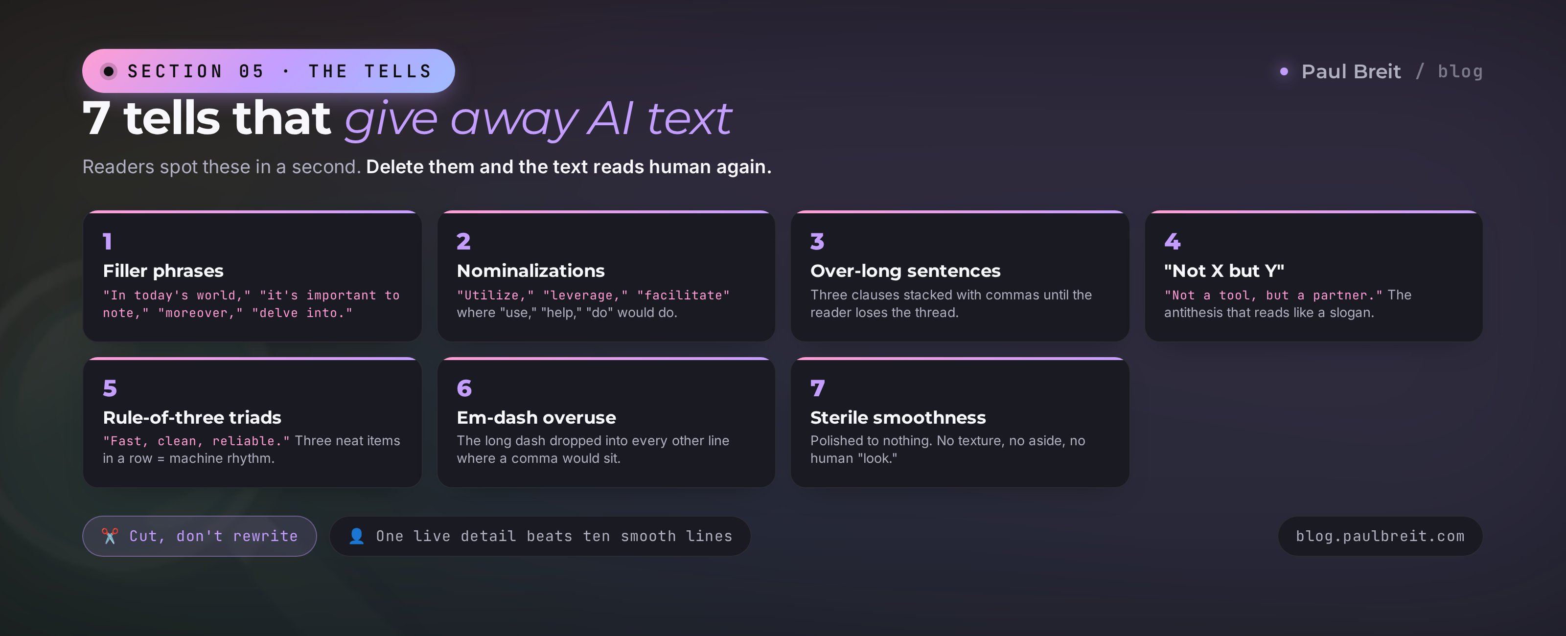 7 tells that give away AI text: filler phrases, nominalizations, long sentences, the not-X-but-Y antithesis, rule-of-three triads, em-dash overuse, sterile smoothness