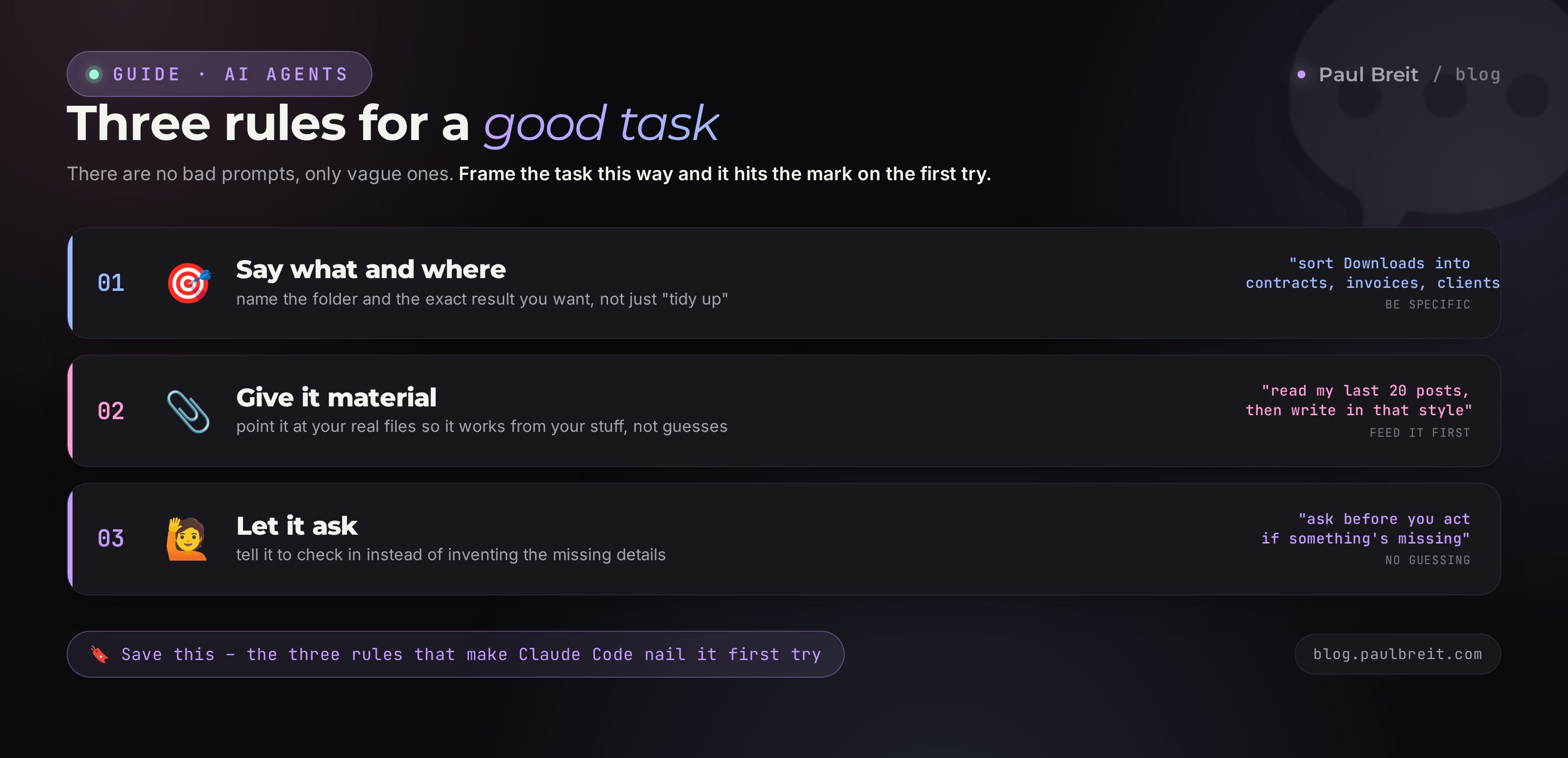 How to frame a task for Claude Code: say what and where, give it material, let it ask