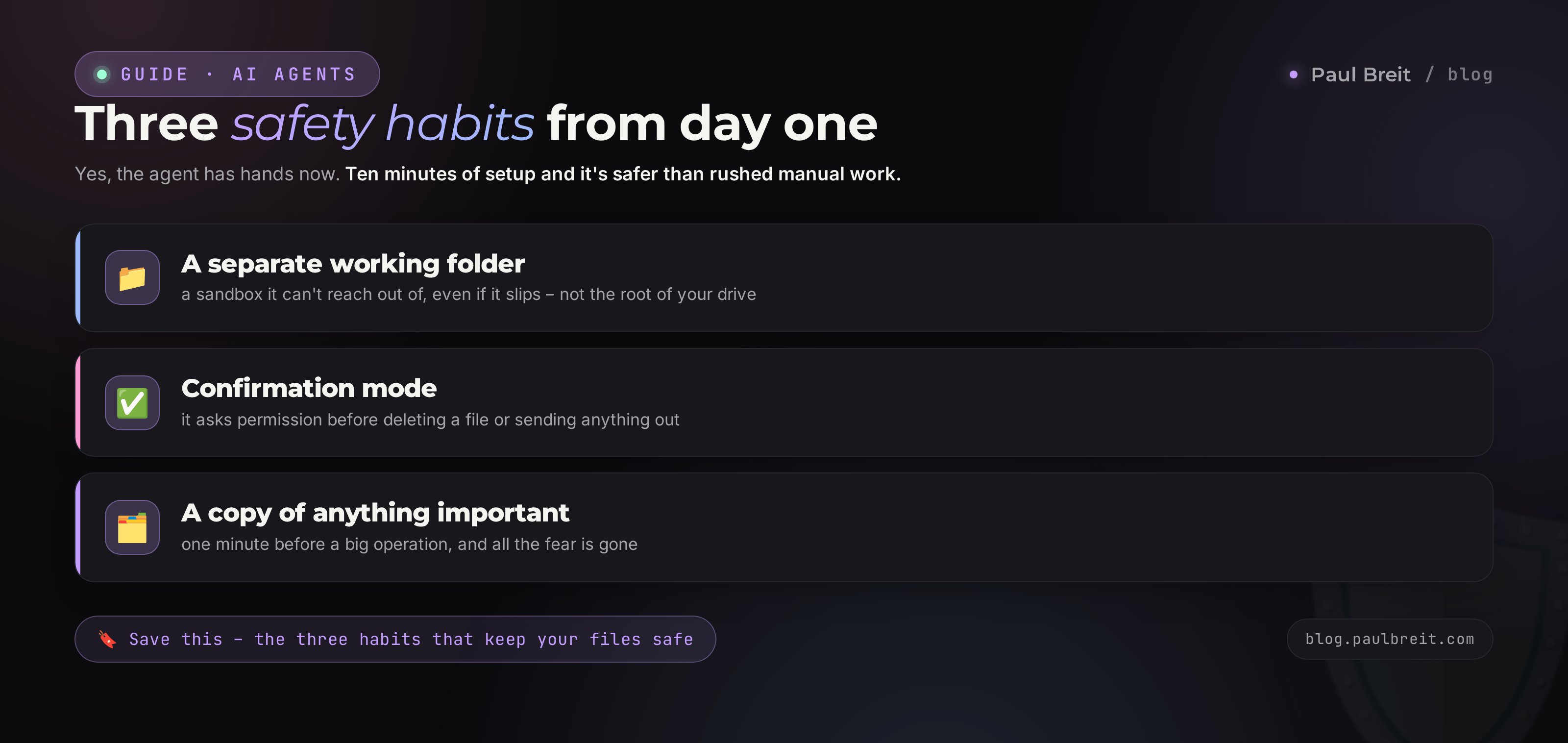 Three Claude Code safety habits: a separate folder, confirmation mode, a copy of anything important beforehand