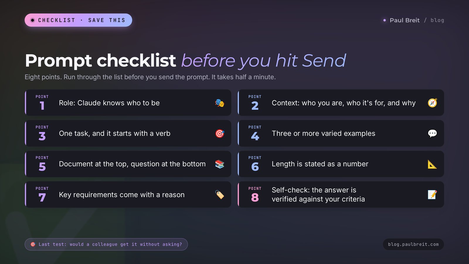 Claude prompt checklist before you hit Send: 8 points to check