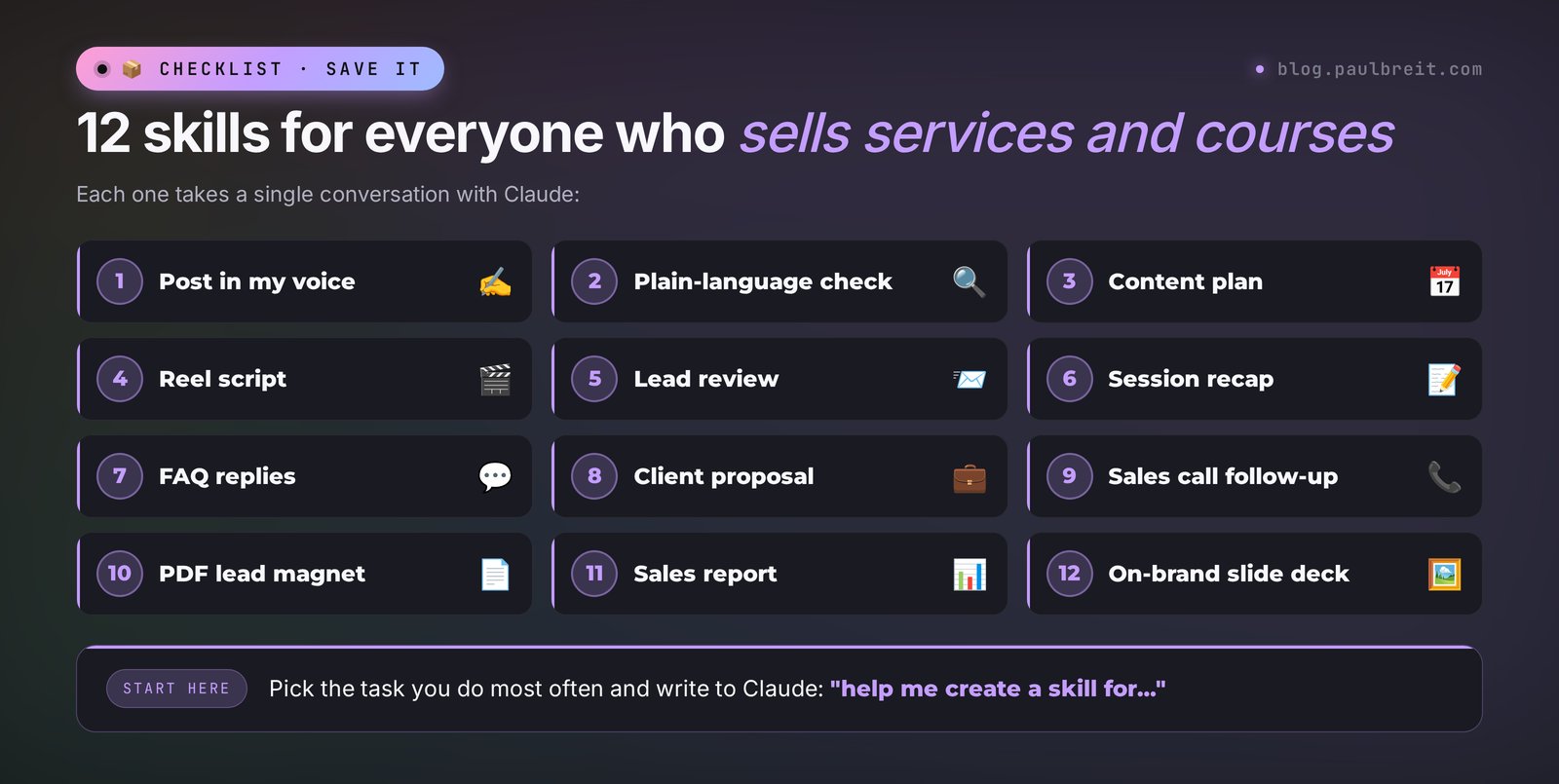 12 Claude skills for everyone who sells services, courses, and consulting: content, clients, sales, numbers