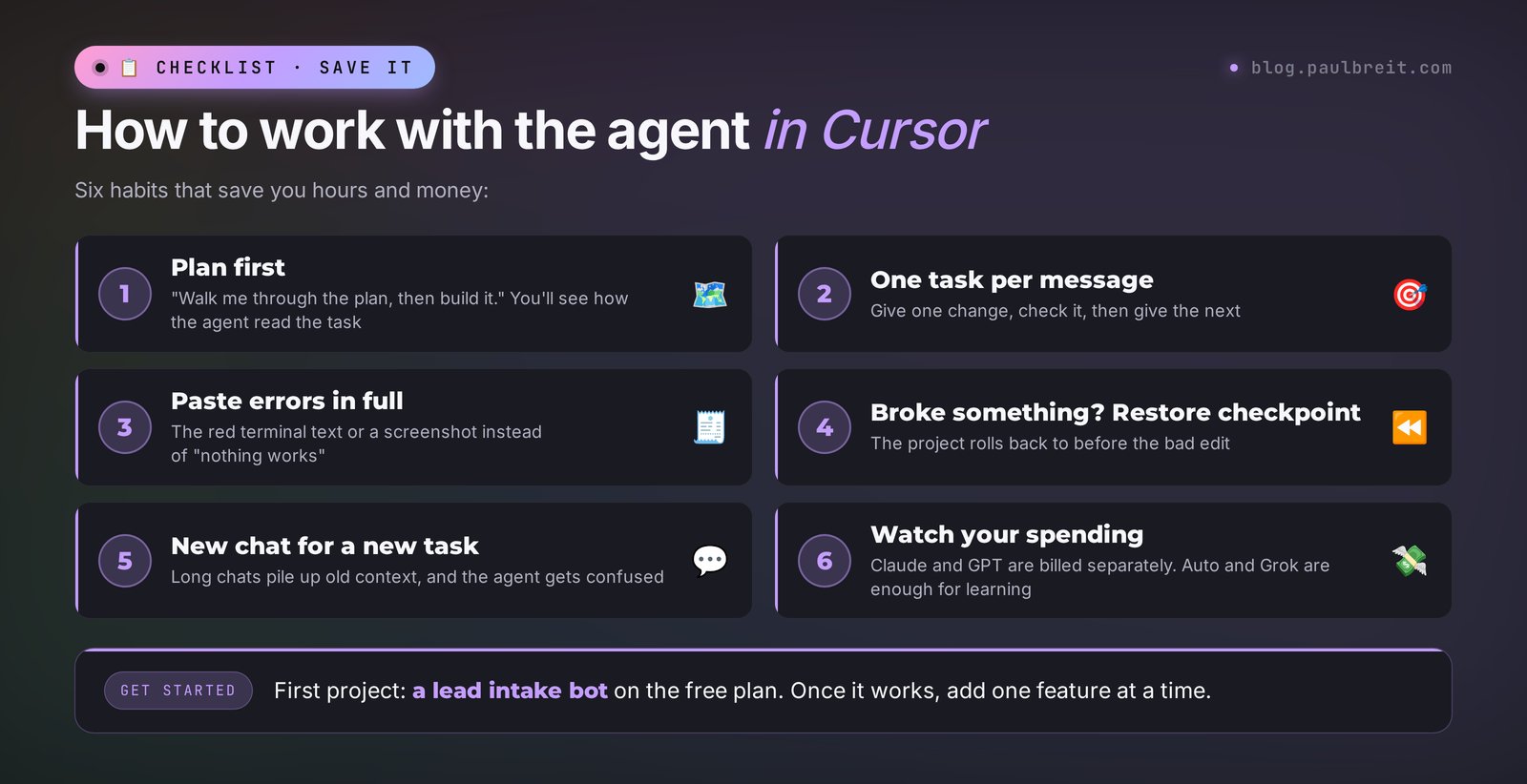 Checklist for working with the Cursor agent: plan first, one task at a time, full errors, restore points