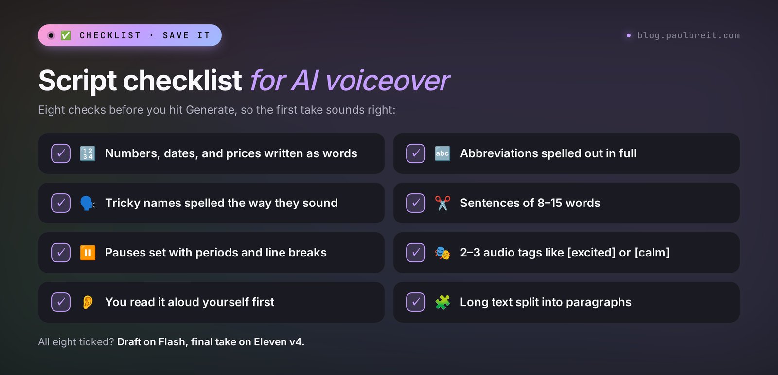 Script checklist for AI voiceover in ElevenLabs: numbers as words, phonetic spelling, short sentences, pauses, and audio tags