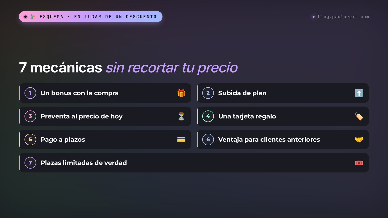 7 mecánicas de Black Friday sin recortar el precio: un bonus, una subida de plan, una preventa, una tarjeta regalo, pago a plazos, una ventaja para clientes anteriores, plazas limitadas