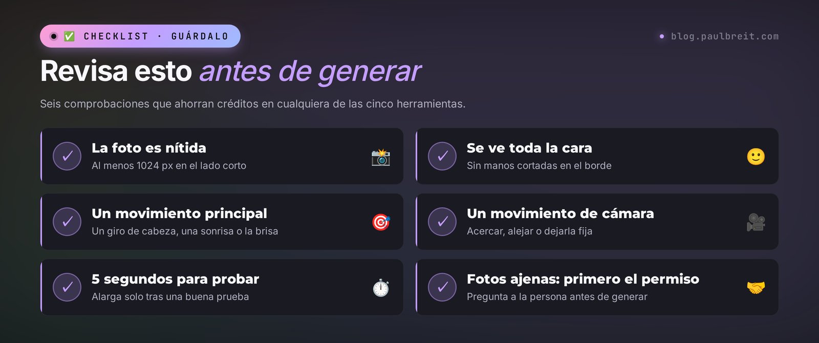 Checklist antes de animar una foto con IA: foto nítida, toda la cara, un movimiento, un movimiento de cámara, 5 segundos
