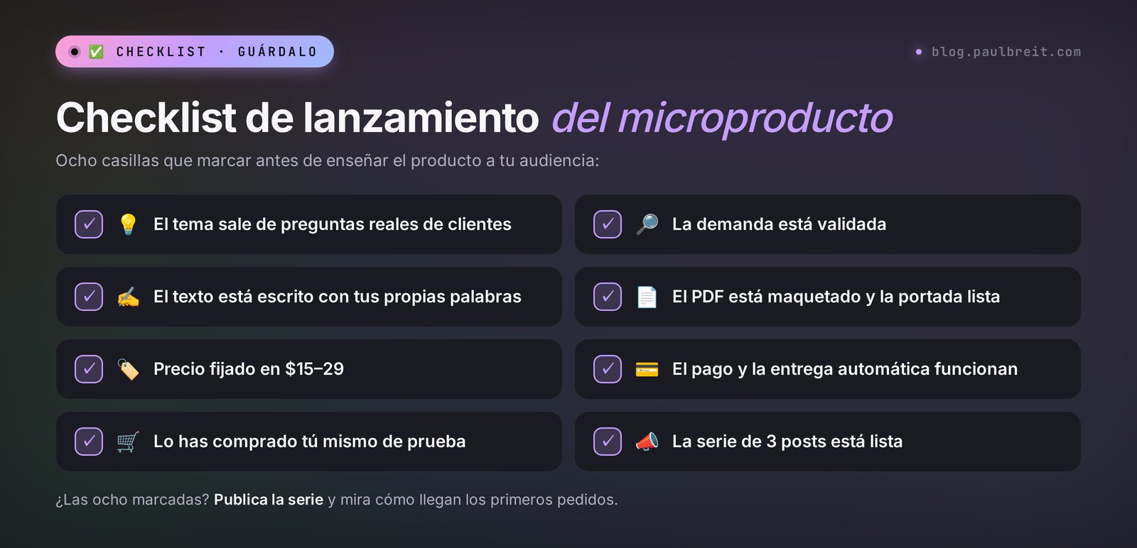 Checklist de lanzamiento del microproducto: tema, validación de la demanda, guía, PDF, precio, cobro, entrega automática y una serie de tres posts