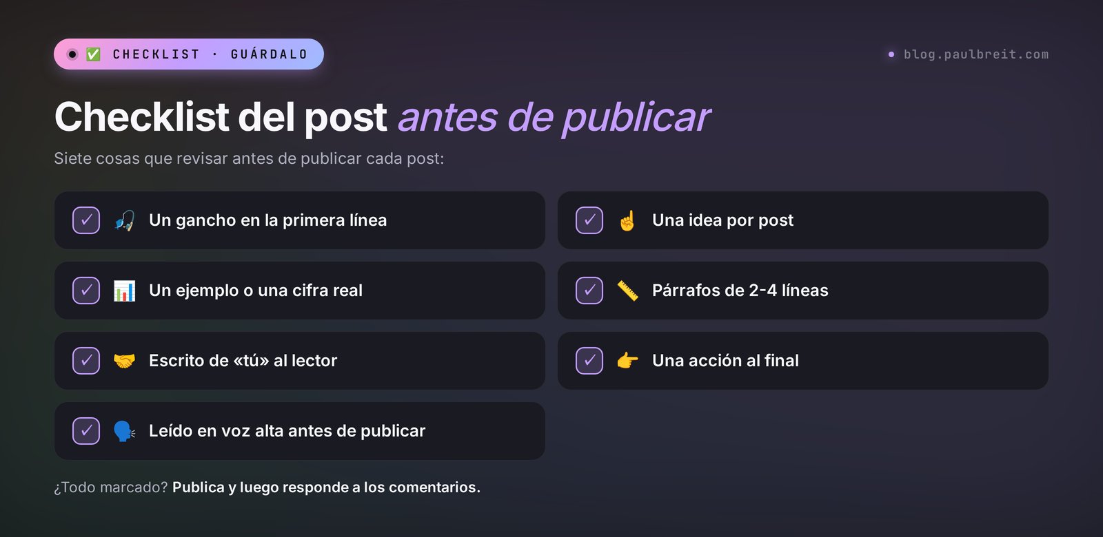 Checklist del post antes de publicar: gancho en la primera línea, una idea, un ejemplo, párrafos cortos, escrito de tú, una acción, leído en voz alta