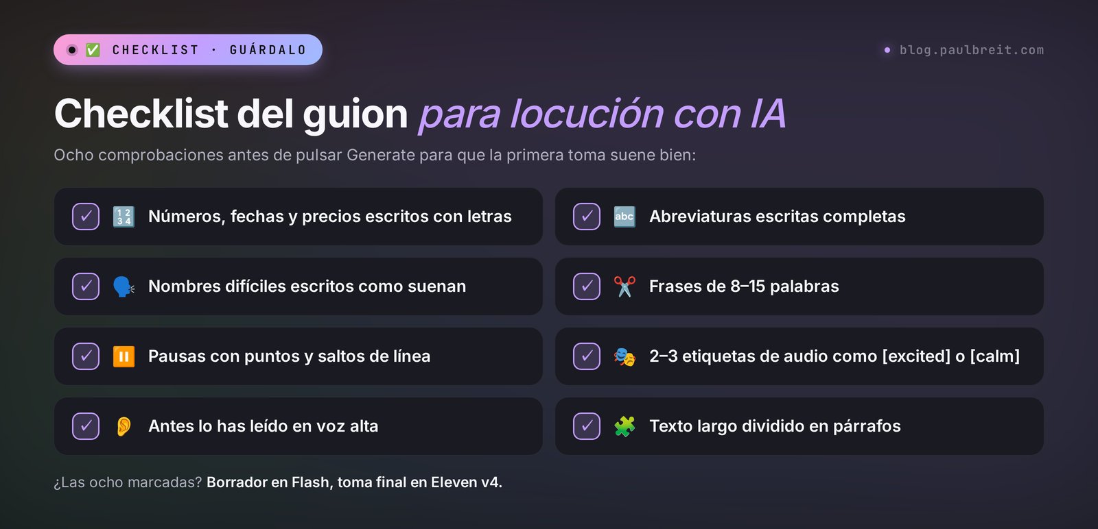 Checklist del guion para locución con IA en ElevenLabs: números con letras, escritura fonética, frases cortas, pausas y etiquetas de audio