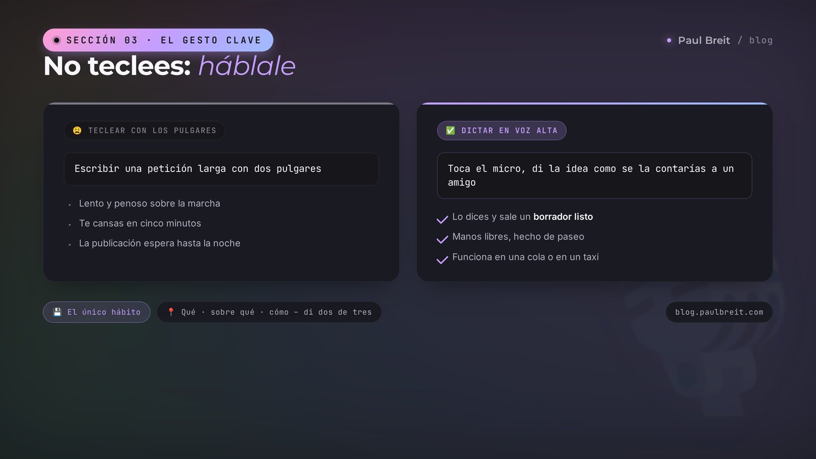 Dicta por voz en vez de teclear: toca el micro, di la idea, obtén un borrador listo con manos libres