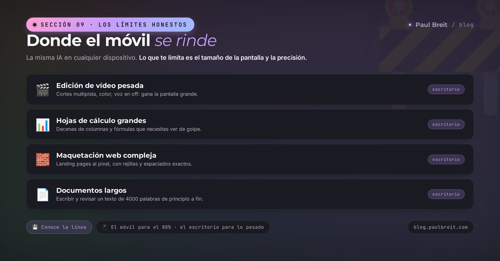 Dónde se rinde el móvil y gana el ordenador: edición de vídeo pesada, hojas de cálculo grandes, maquetación web compleja, documentos largos