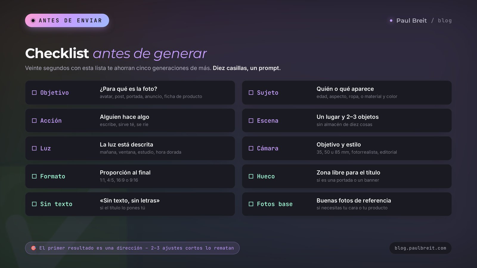 Checklist antes de generar una foto con IA: formato, luz, espacio para el texto, fotos de partida, sin letras