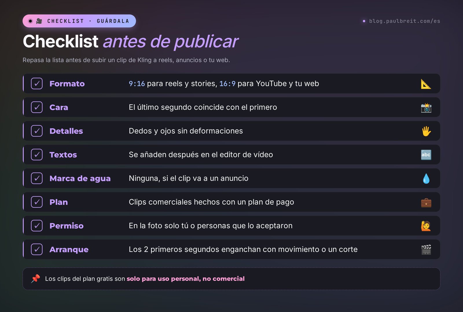 Checklist antes de publicar un clip de Kling: formato, cara, detalles, textos, marca de agua, plan, permiso y arranque