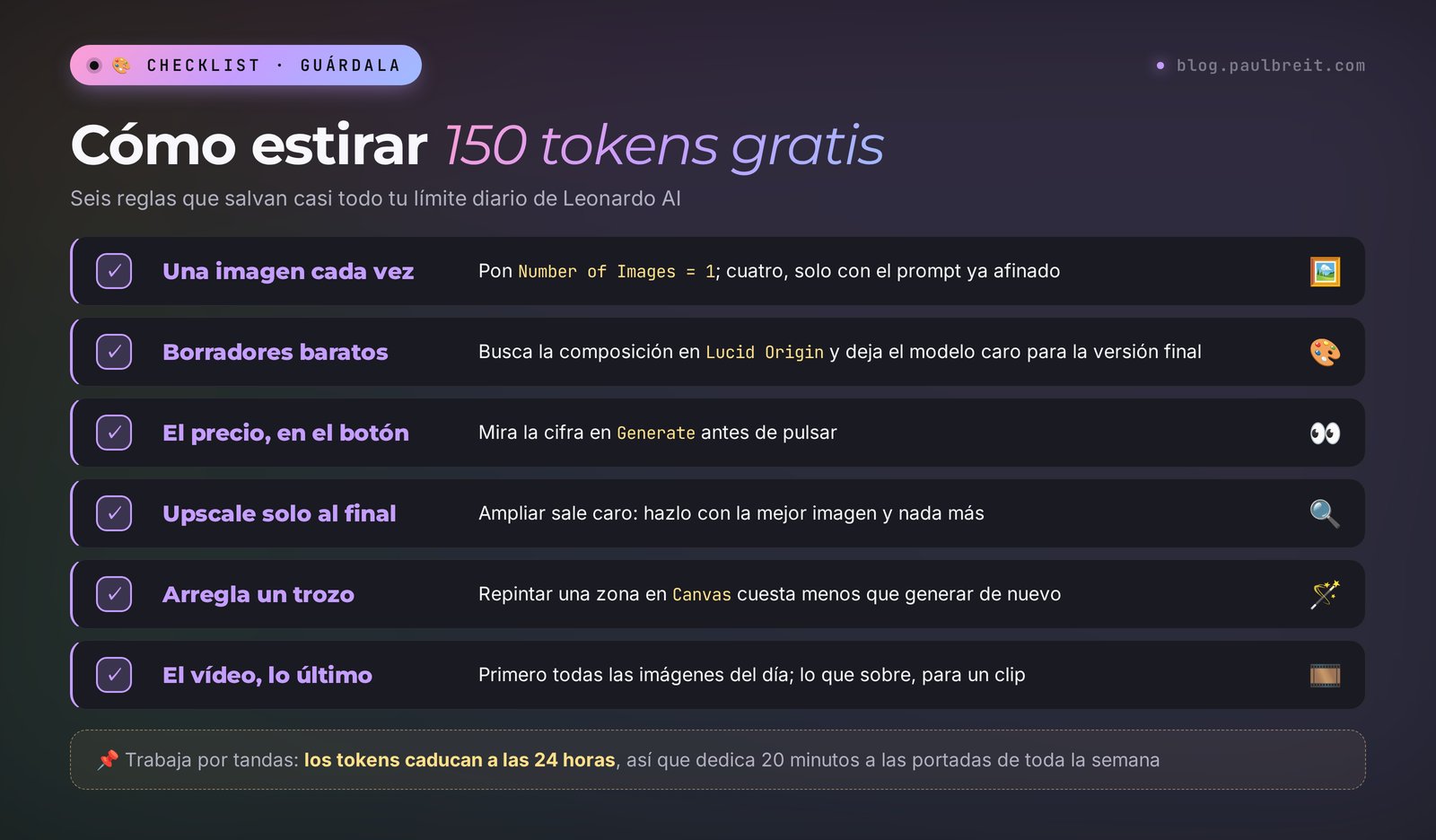 Cómo estirar los 150 tokens gratis de Leonardo AI: una imagen cada vez, borradores en un modelo barato, ampliar solo la versión final