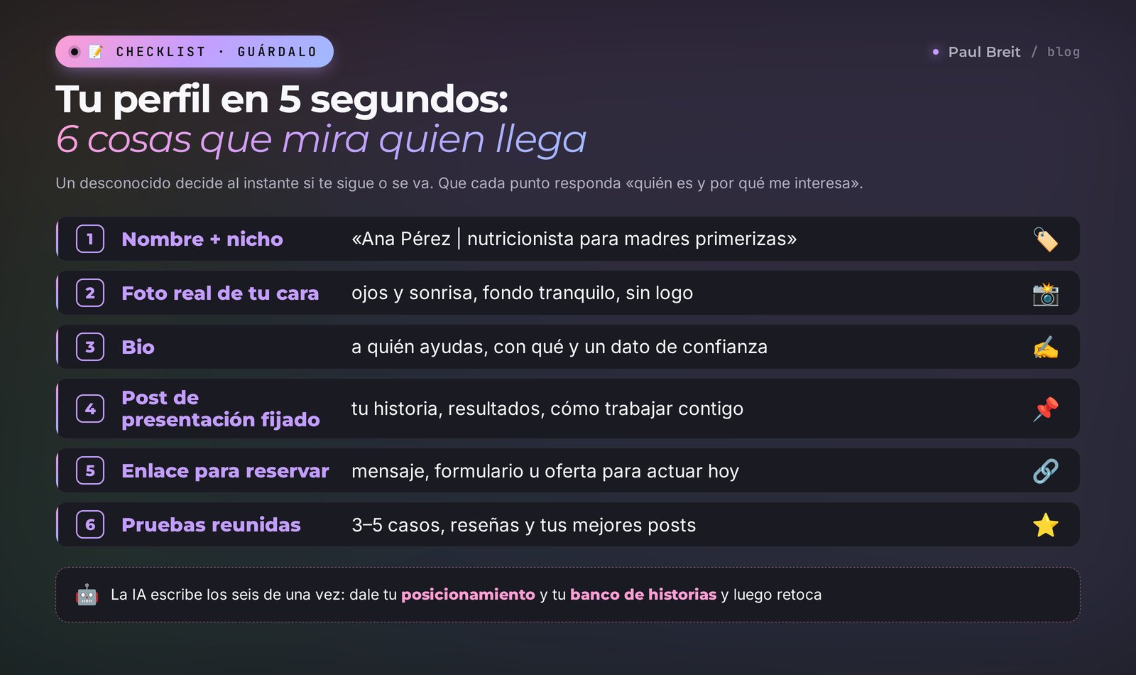 Checklist del perfil: nombre y nicho, una foto real de tu cara, una bio con a quién ayudas y con qué, un post de presentación fijado, un enlace para reservar, casos y reseñas reunidos