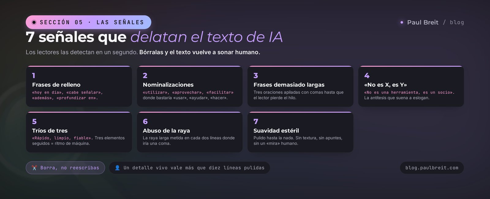 7 señales que delatan el texto de IA: frases de relleno, nominalizaciones, frases largas, la antítesis no-es-X-es-Y, tríos de tres, abuso de la raya y suavidad estéril