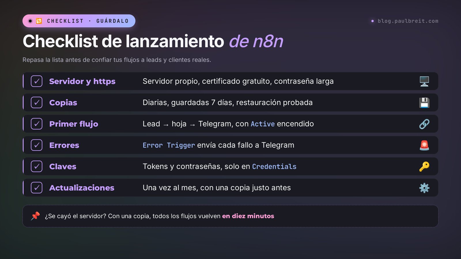 Checklist de lanzamiento de n8n: servidor y https, copias de seguridad, primer flujo, avisos de errores, claves en Credentials, actualizaciones