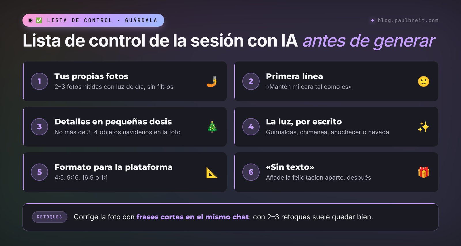 Lista de control de la sesión navideña con IA: fotos de partida, ancla de la cara, dos o tres detalles navideños, luz, formato, retoques en el mismo chat