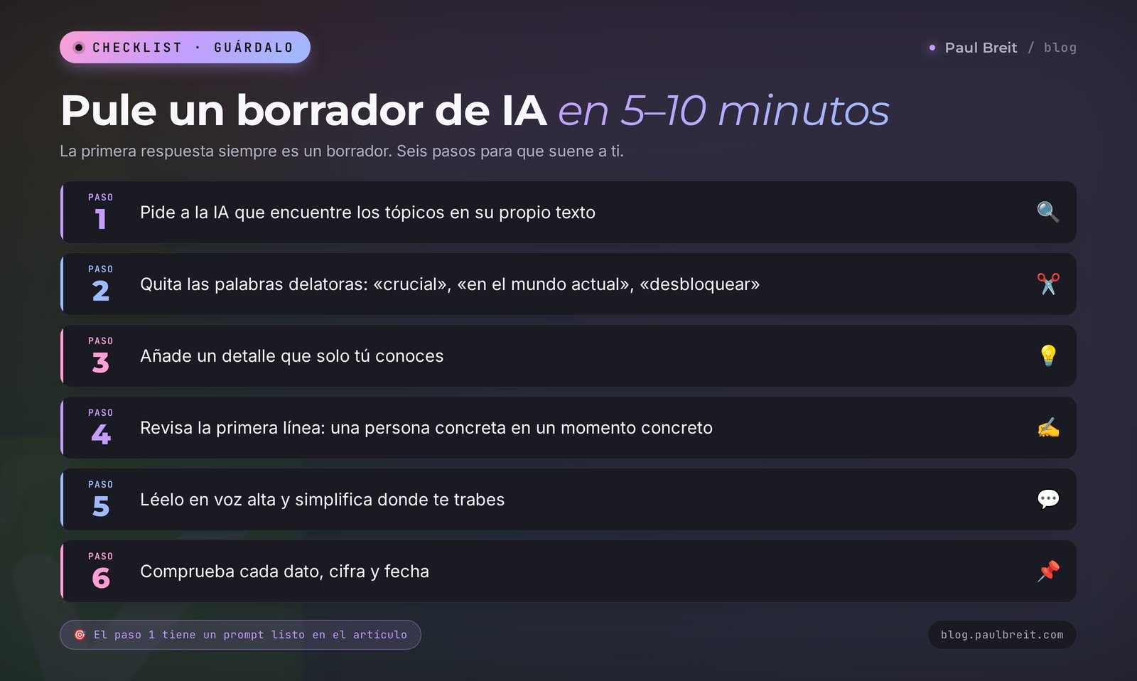 Checklist: 6 pasos para pulir un borrador de IA y convertirlo en un post vivo