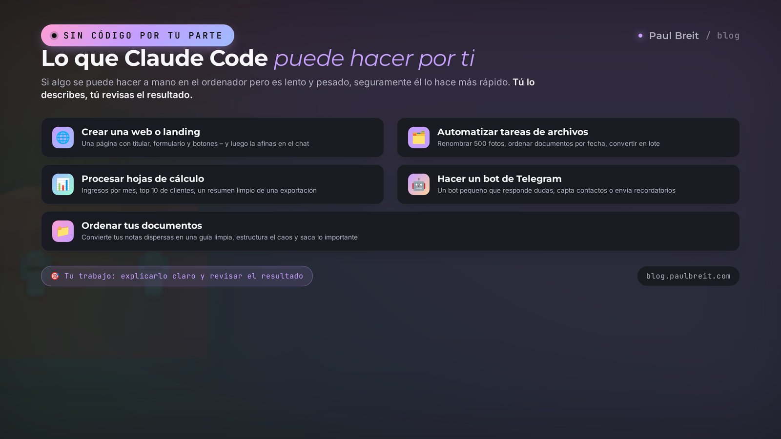Lo que Claude Code sabe hacer: crear una web, automatizar el trajín con archivos, procesar hojas de cálculo, hacer un bot y ordenar documentos