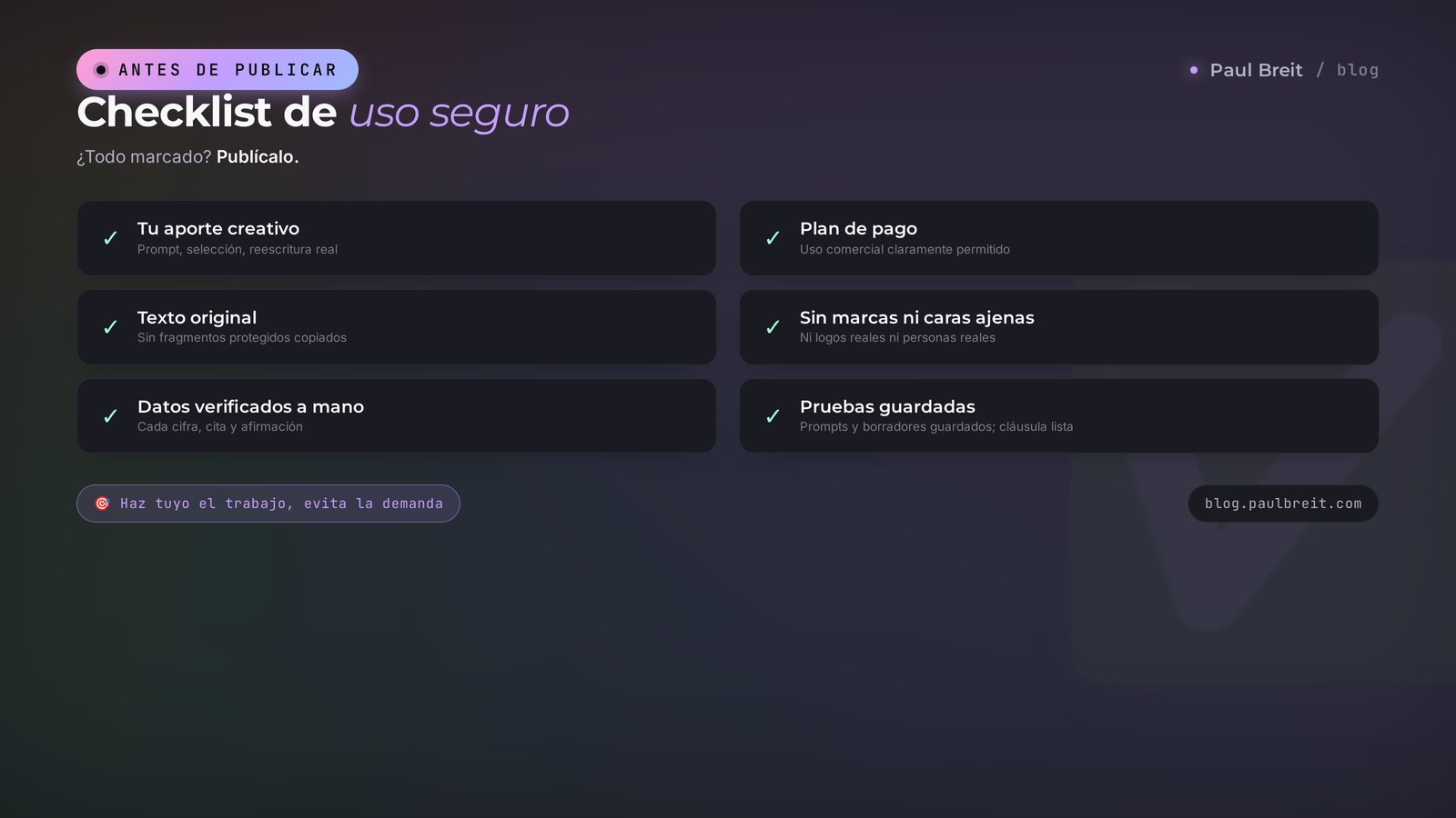 Checklist: cómo usar con seguridad el contenido de IA en tu negocio