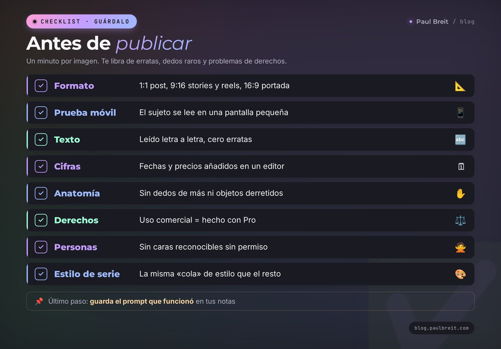 Checklist antes de publicar una imagen hecha con IA: formato, texto, derechos, personas y estilo de serie