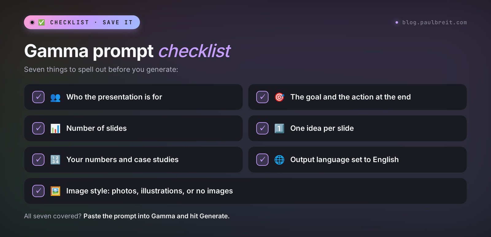 Gamma prompt checklist with seven points: audience, goal, number of slides, one idea per slide, numbers, language, and image style