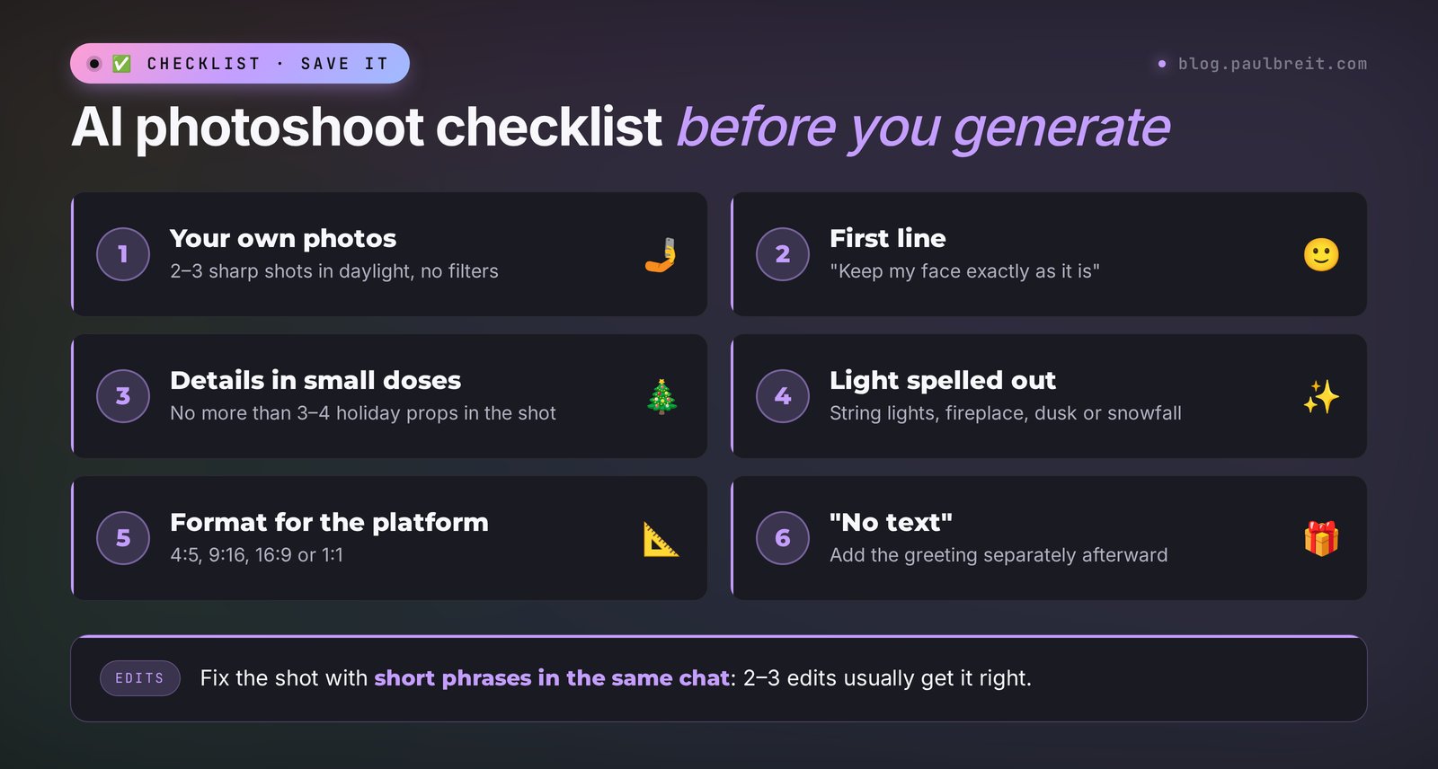 AI holiday photoshoot checklist: source photos, face anchor, two or three holiday details, light, format, edits in the same chat