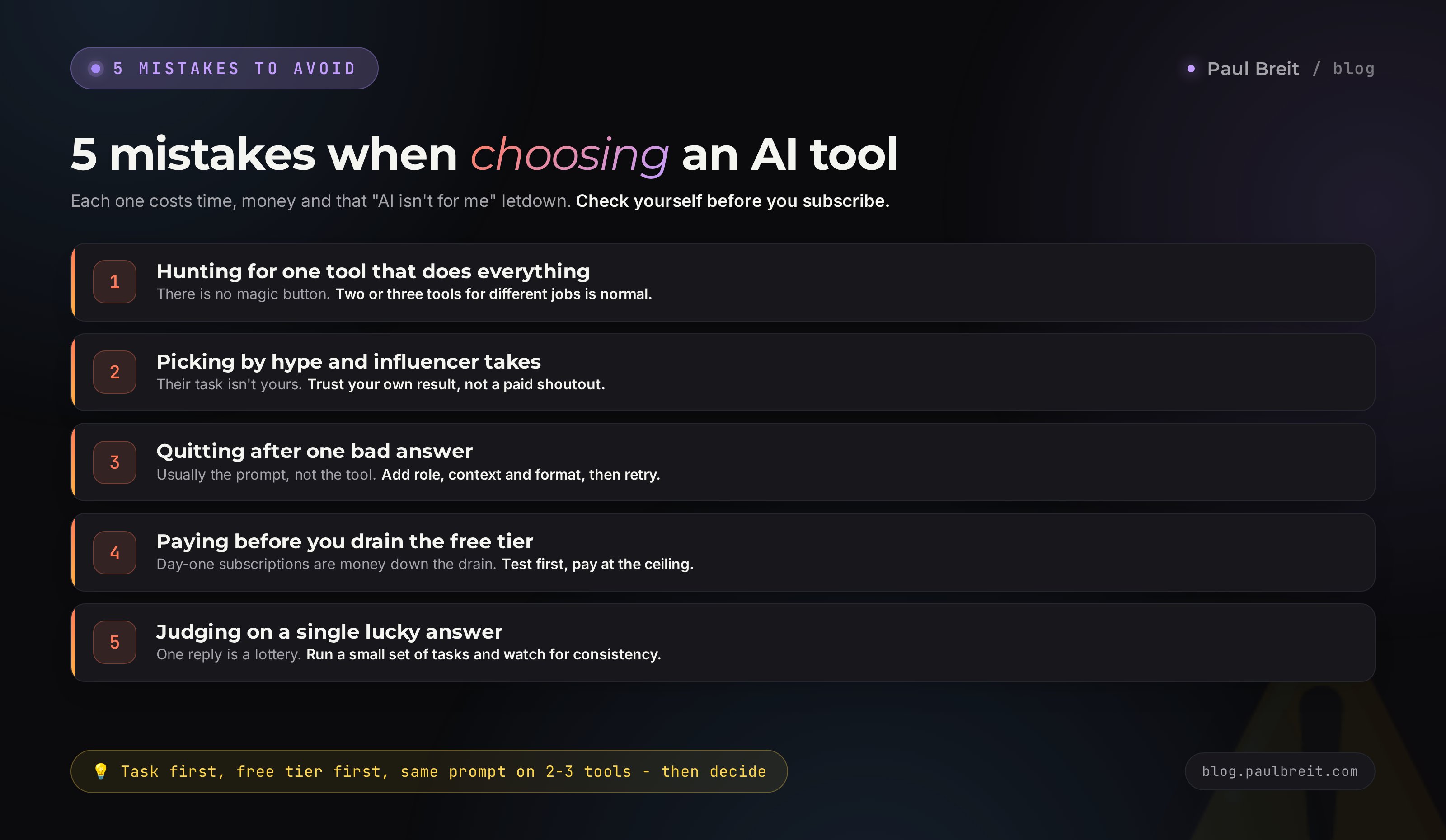 5 mistakes when choosing an AI tool: one tool for everything, picking by hype, quitting after one answer, paying too early, judging on a single answer