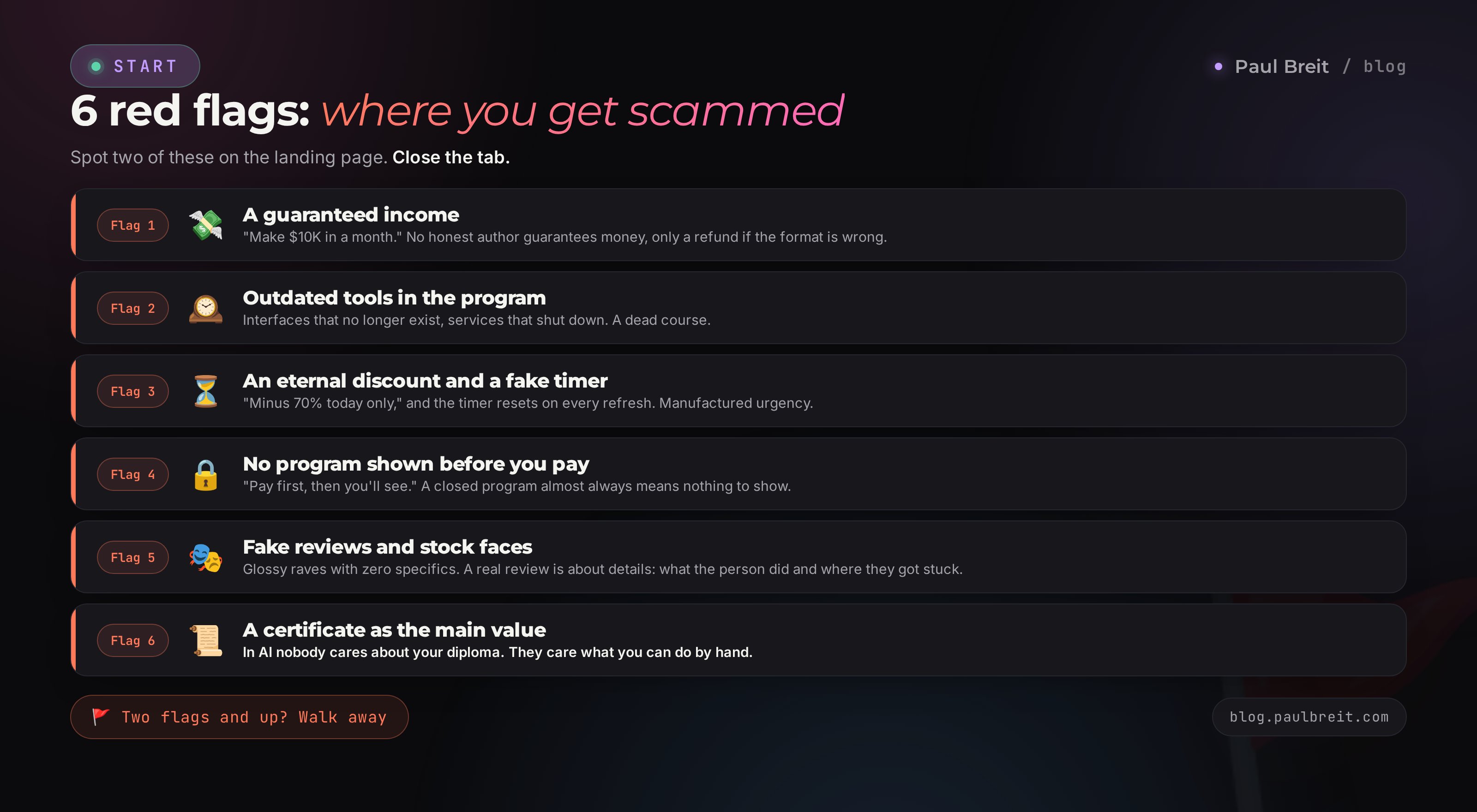 Six red flags of an AI course: a guaranteed income, outdated tools, an eternal discount timer, a program hidden until you pay, fake reviews, a certificate over skill