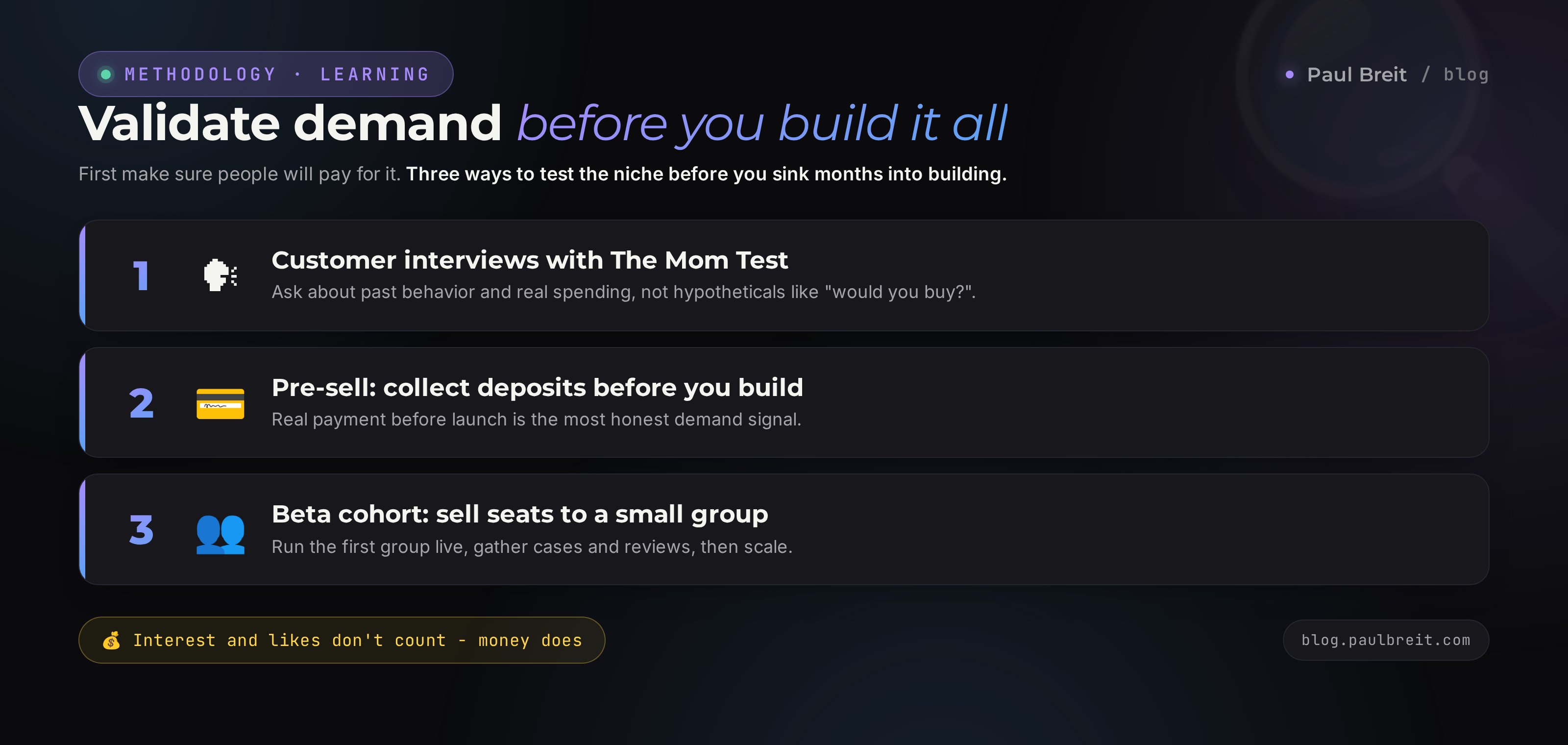 Validate demand before building a course: customer interviews, pre-sales, a beta cohort