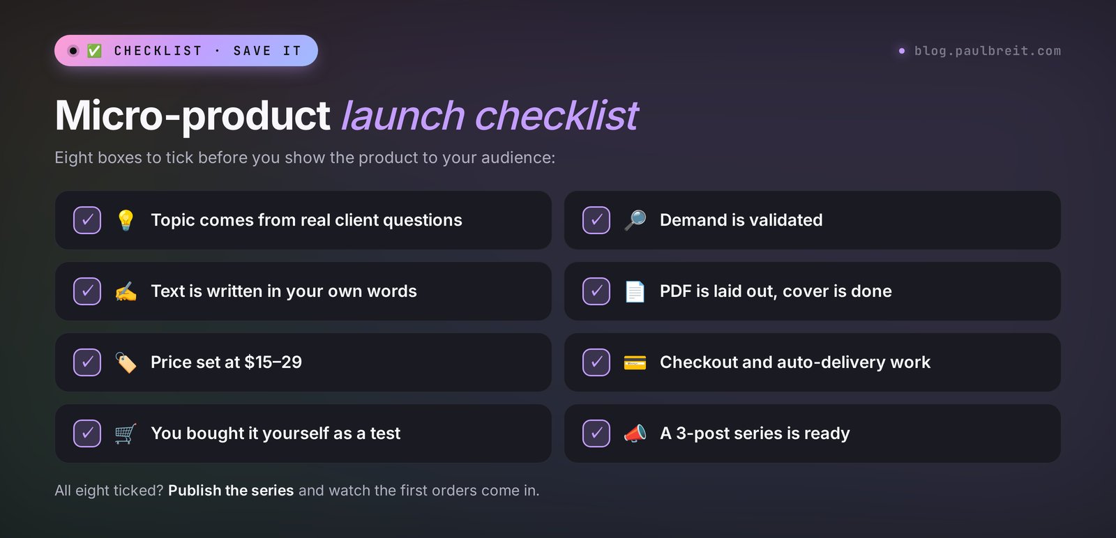 Micro-product launch checklist: topic, demand check, guide, PDF, price, checkout, automatic delivery, and a series of three posts