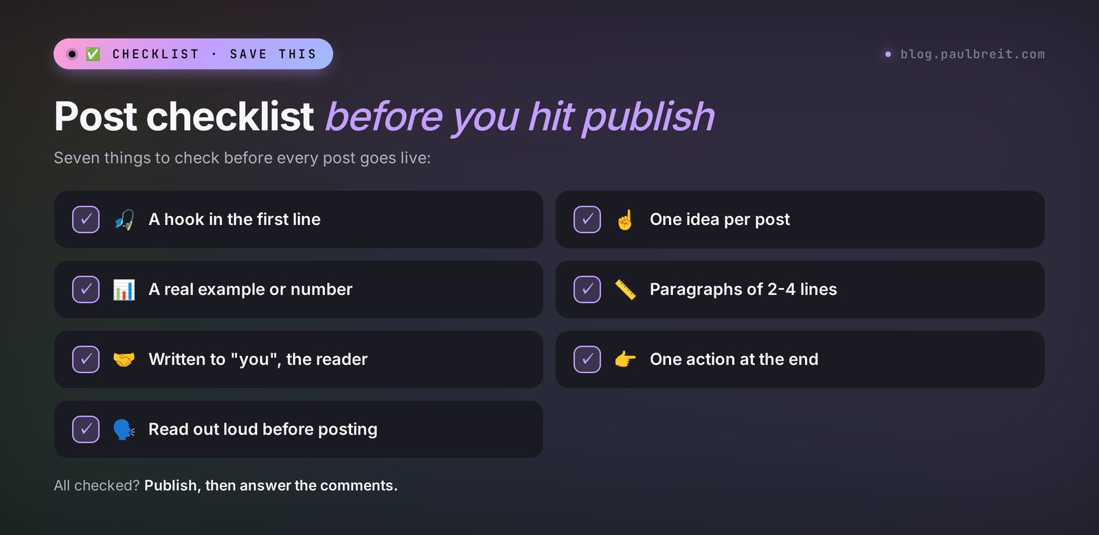 A post checklist before publishing: a hook in the first line, one idea, an example, short paragraphs, written to you, one action, read out loud