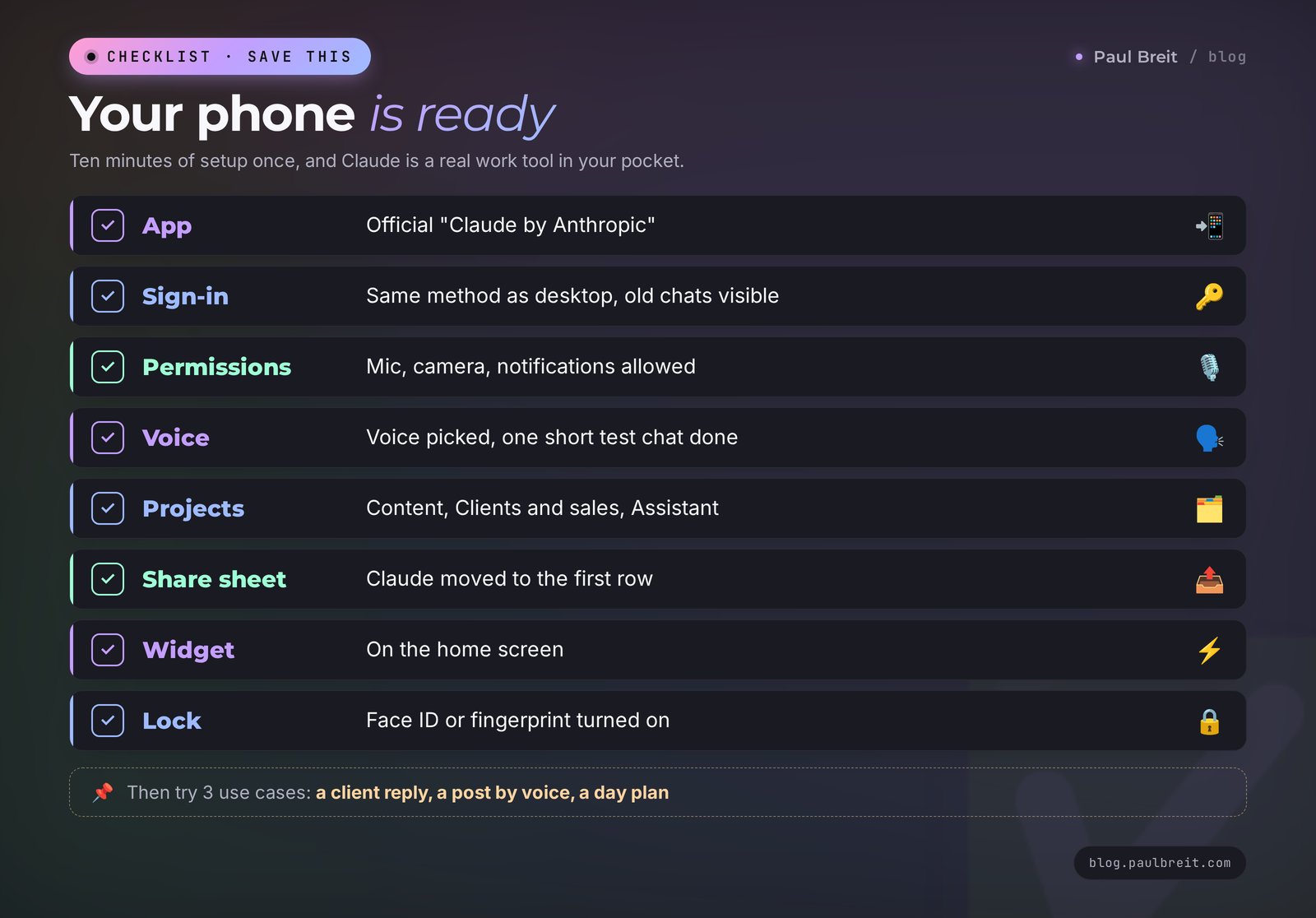 Checklist: your phone is ready to work with Claude