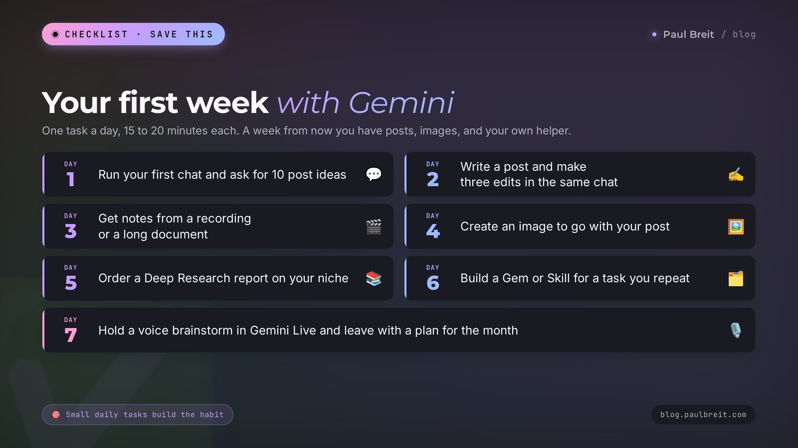 Your first week with Gemini: a checklist with one task for each day