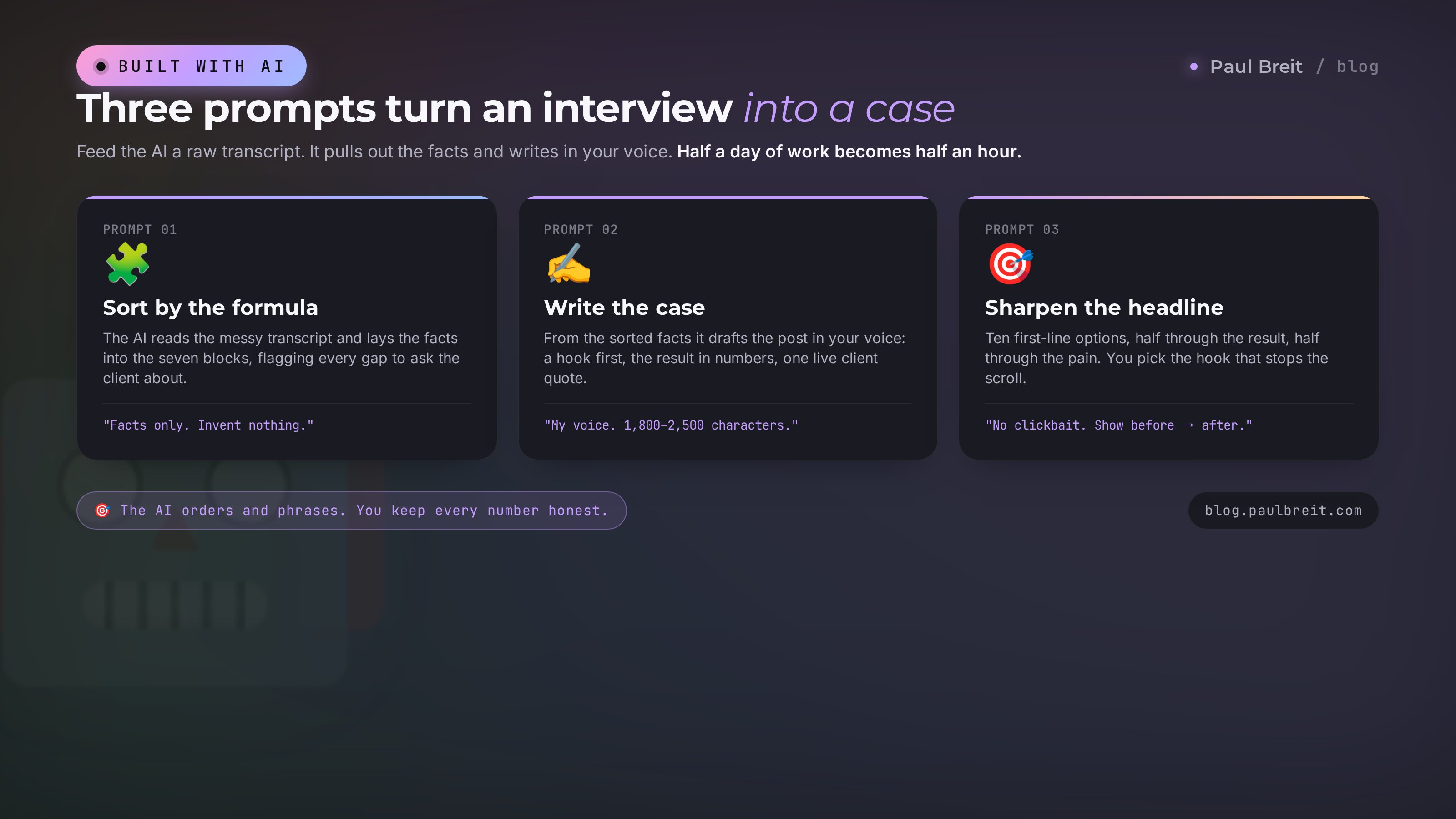 Three AI prompts to build a case: sort by the formula, write the text, sharpen the headline