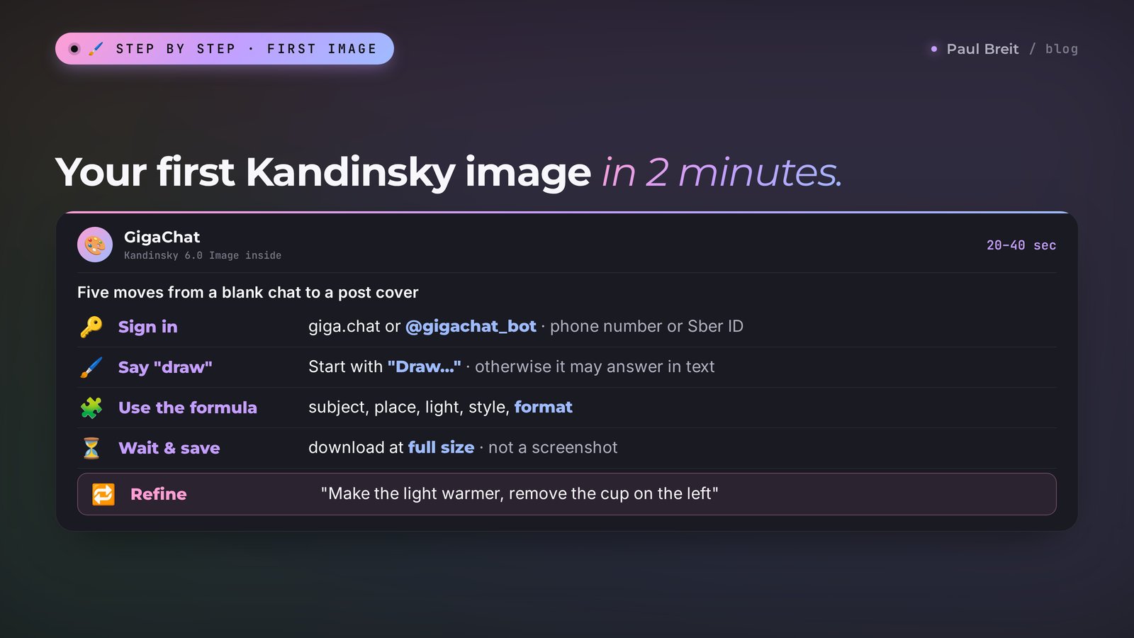 Your first Kandinsky image in 2 minutes: sign in, start with Draw, use the formula, save at full size, refine