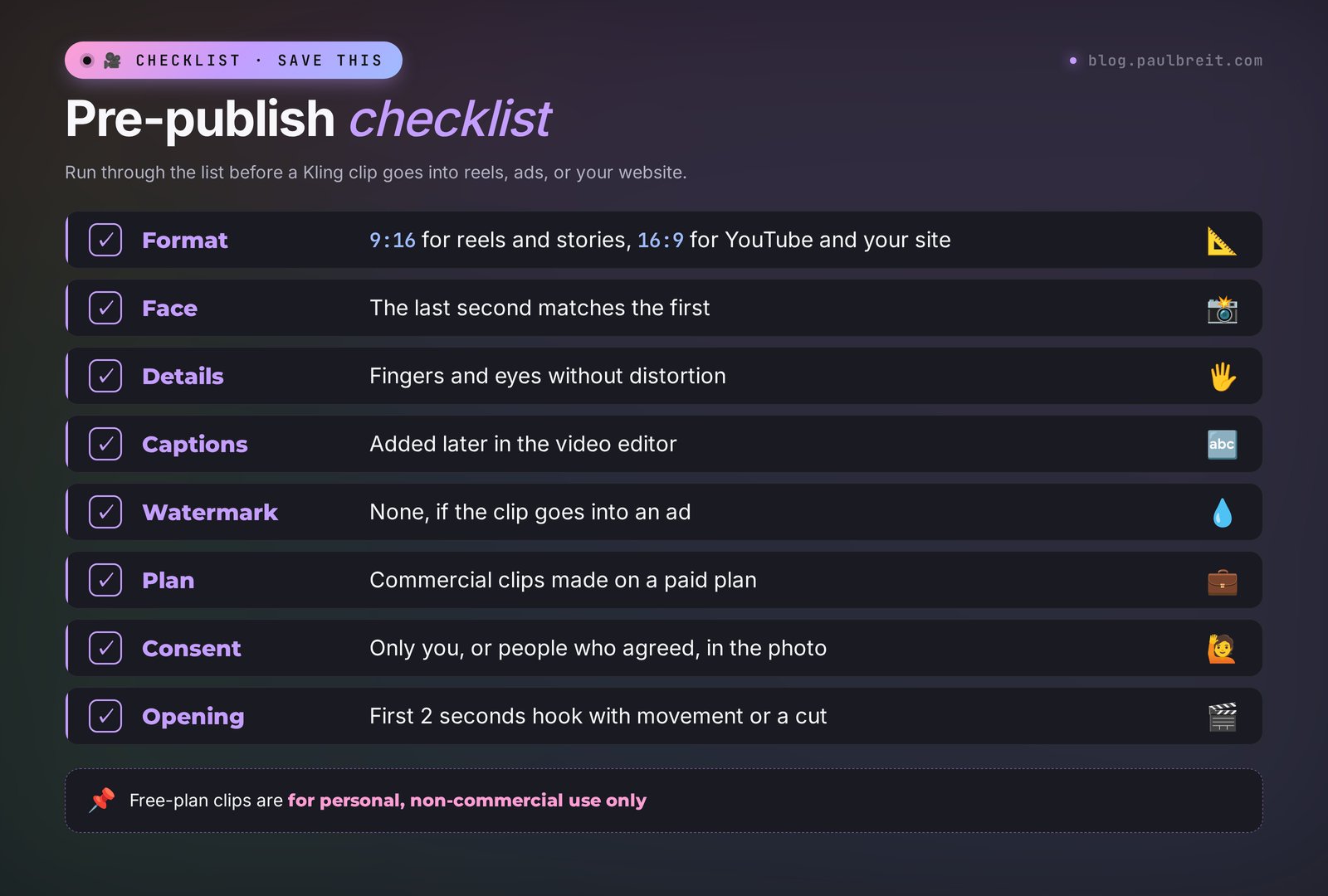 Kling pre-publish checklist: format, face, details, captions, watermark, plan, consent, opening