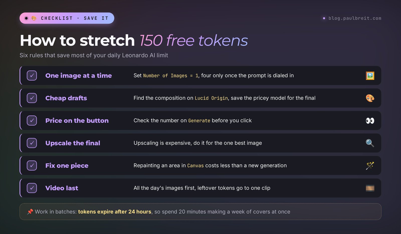 How to stretch 150 free Leonardo AI tokens: one image at a time, drafts on a cheap model, upscale only the final