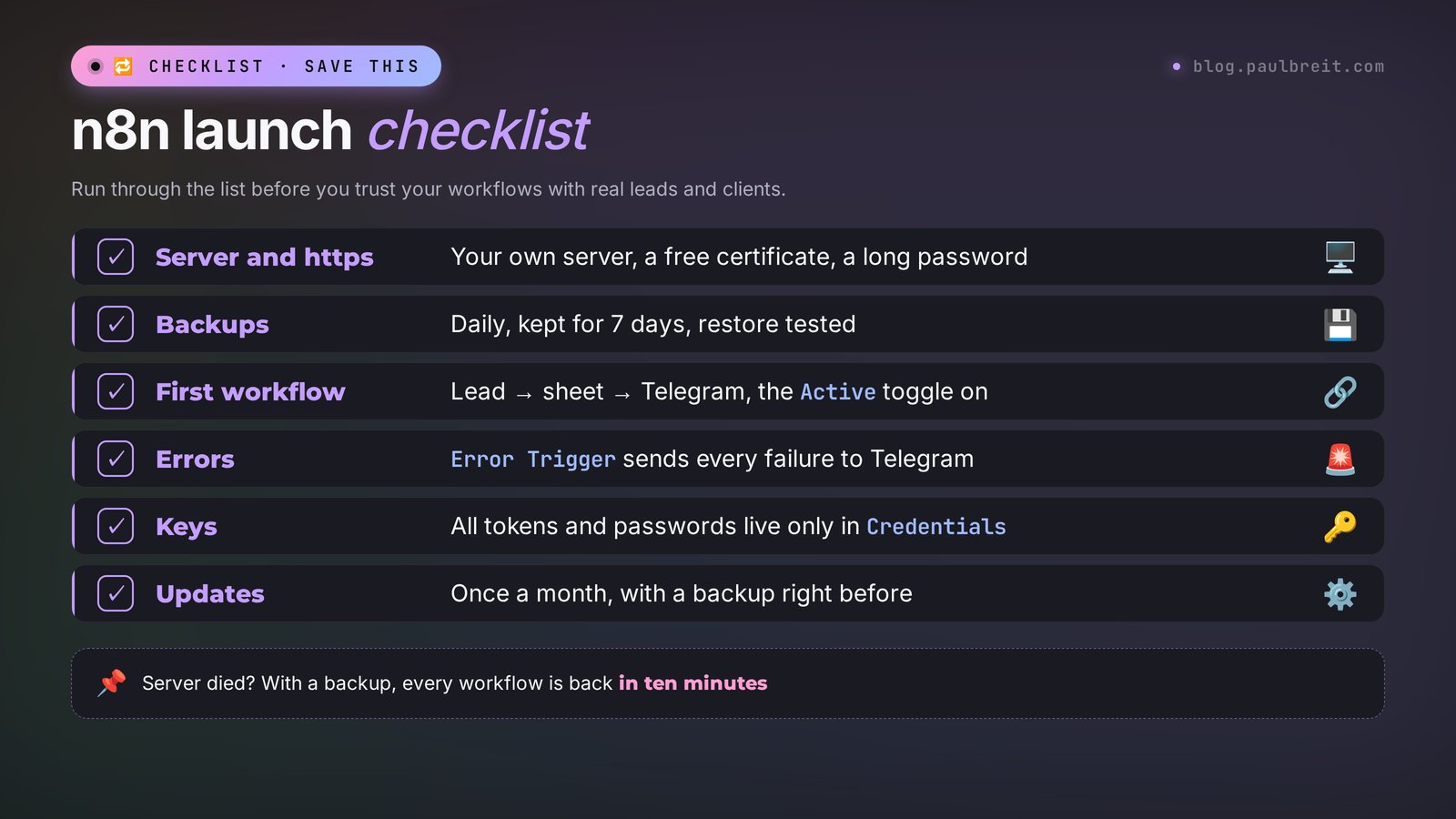 n8n launch checklist: server and https, backups, first workflow, error alerts, keys in Credentials, updates