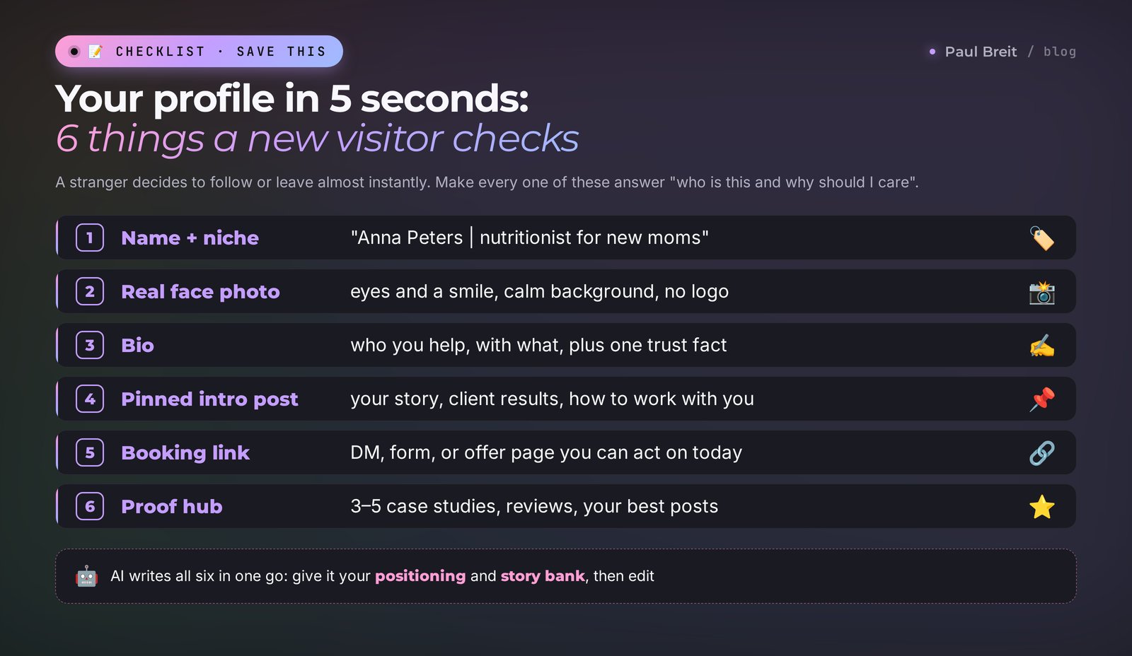 Profile checklist: name and niche, a real face photo, a bio with who you help and with what, a pinned intro post, a booking link, a hub of case studies and reviews