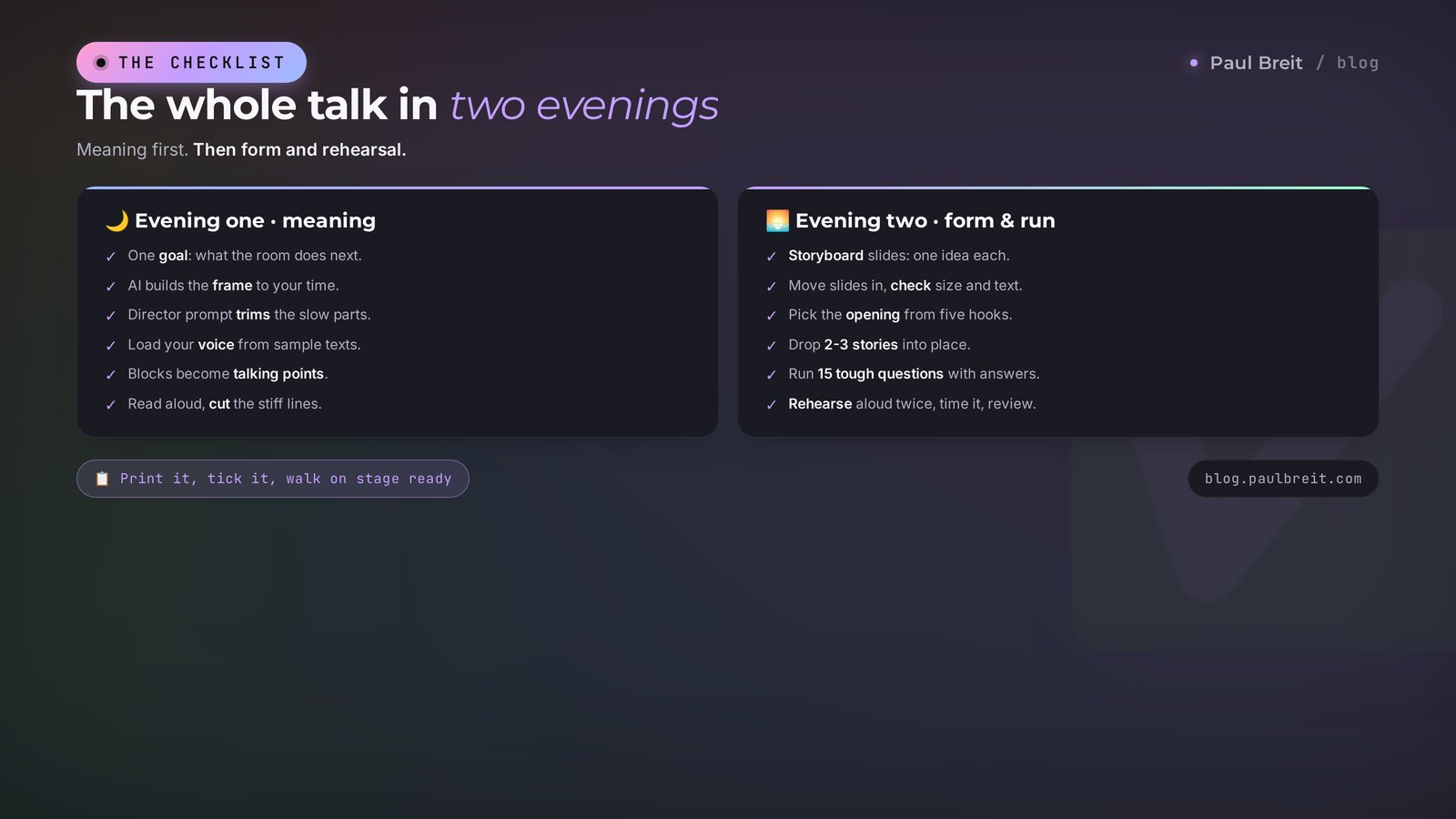 A checklist for prepping a talk with AI in one evening