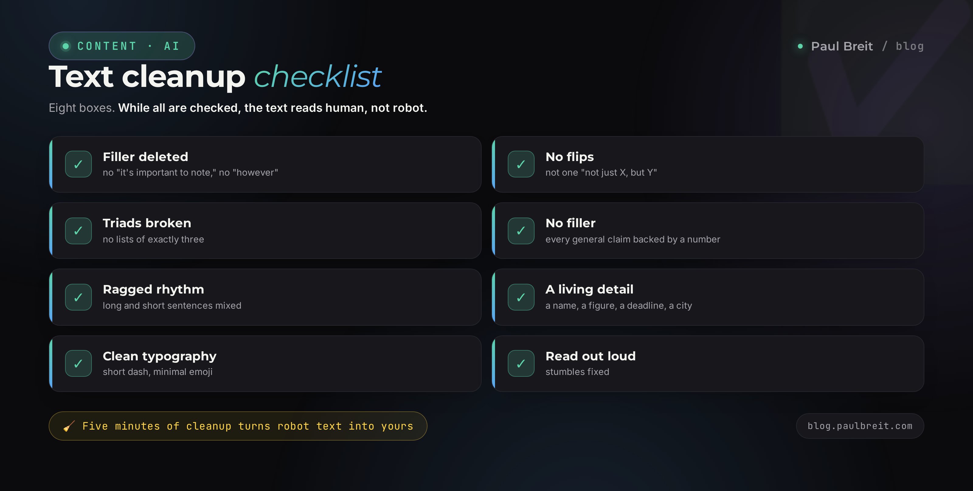 Checklist for cleaning AI traces from text: eight points from filler phrases to reading aloud